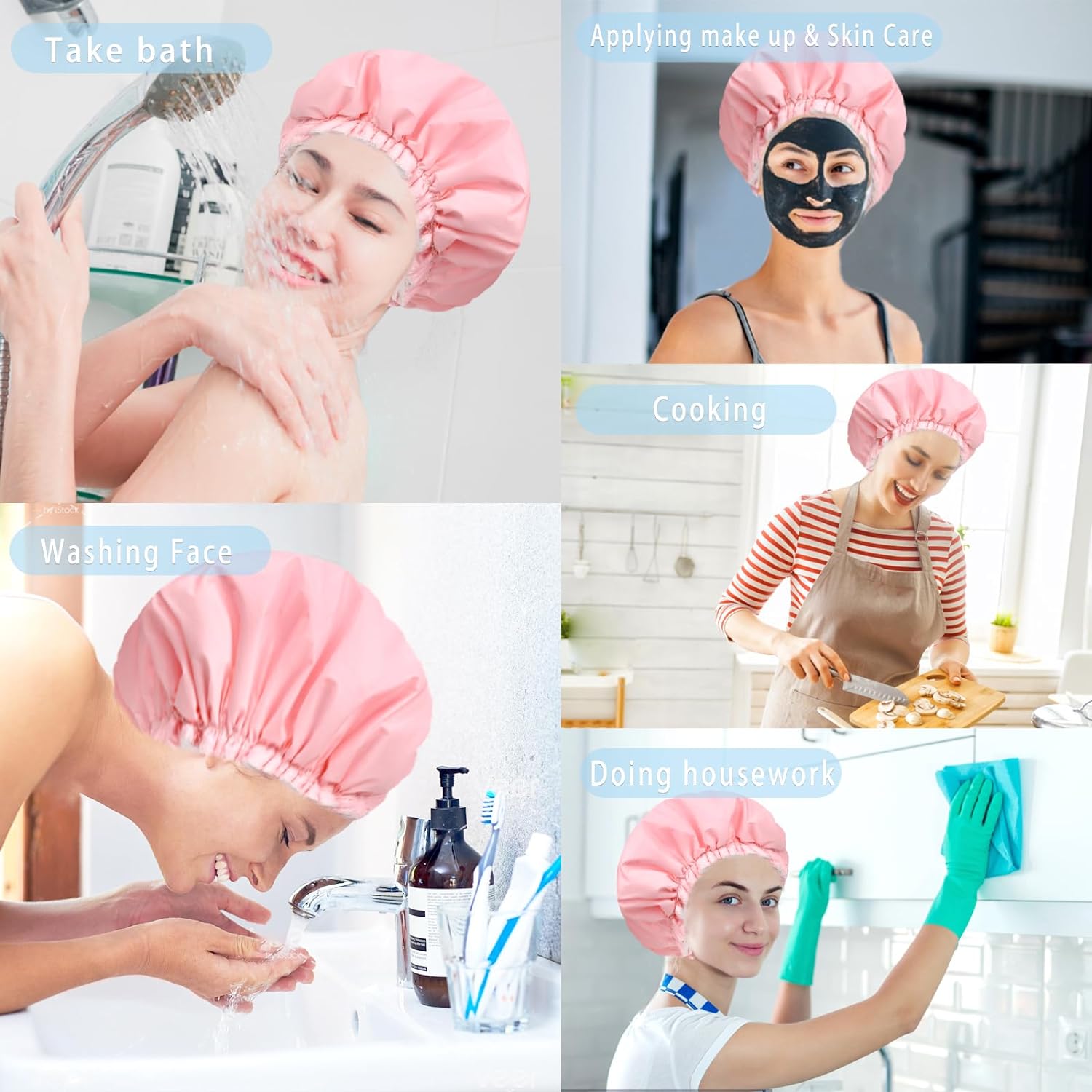 Shower Caps for Women, Terry Cloth Lined EVA Exterior Elastic and Reusable Bath Caps, Double Waterproof Layers Shower Cap, Bathing Shower Caps, Environmental Protection Bath Hair Cap - Pink