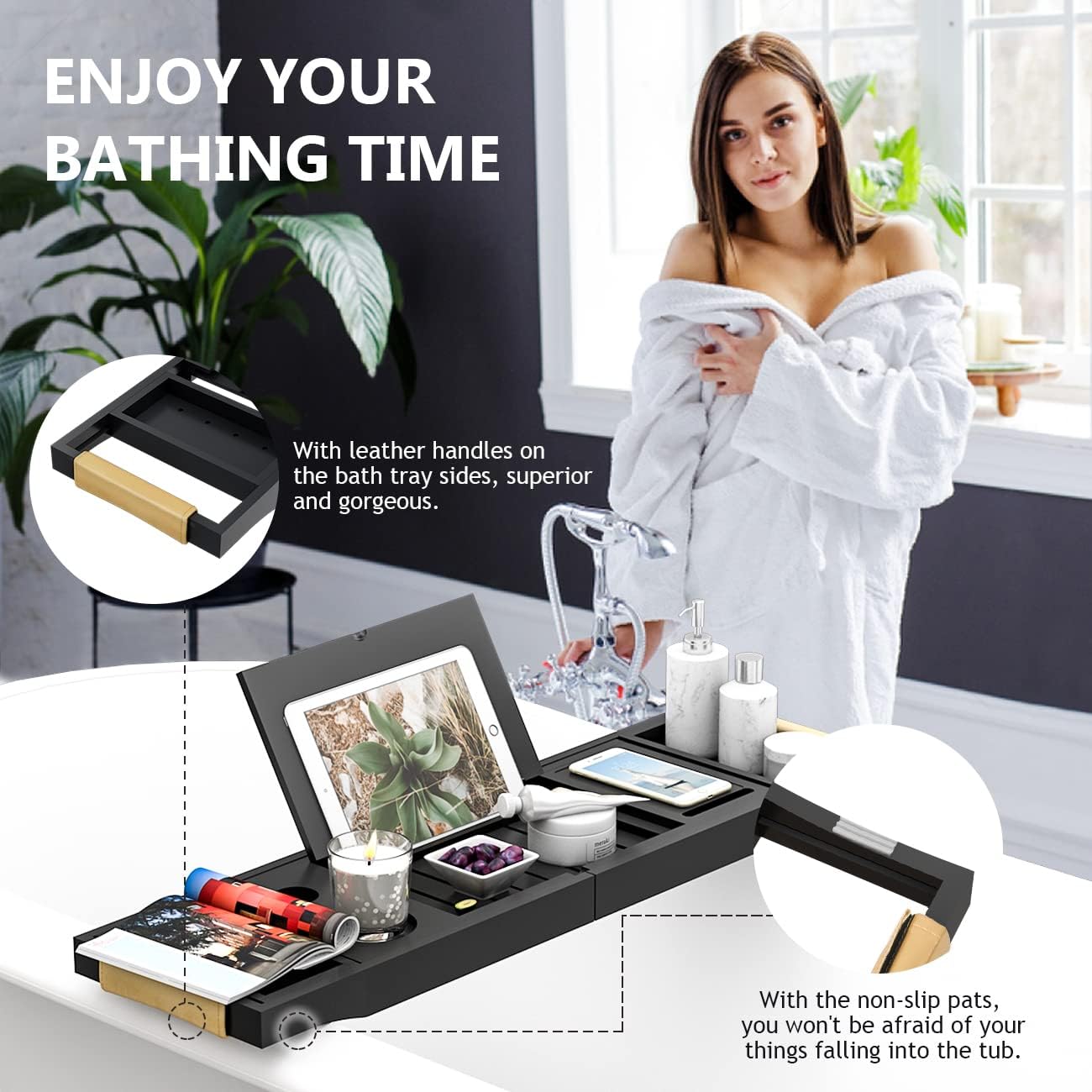 Bathtub Tray Luxury Bathtub Caddy, Expandable Bath Tray with Leather Grip, Adjustable 1 or 2 Person Bath Table Bed Tray with Slots for book Phone holder, Bamboo Bathroom Organizer & Accessories, White