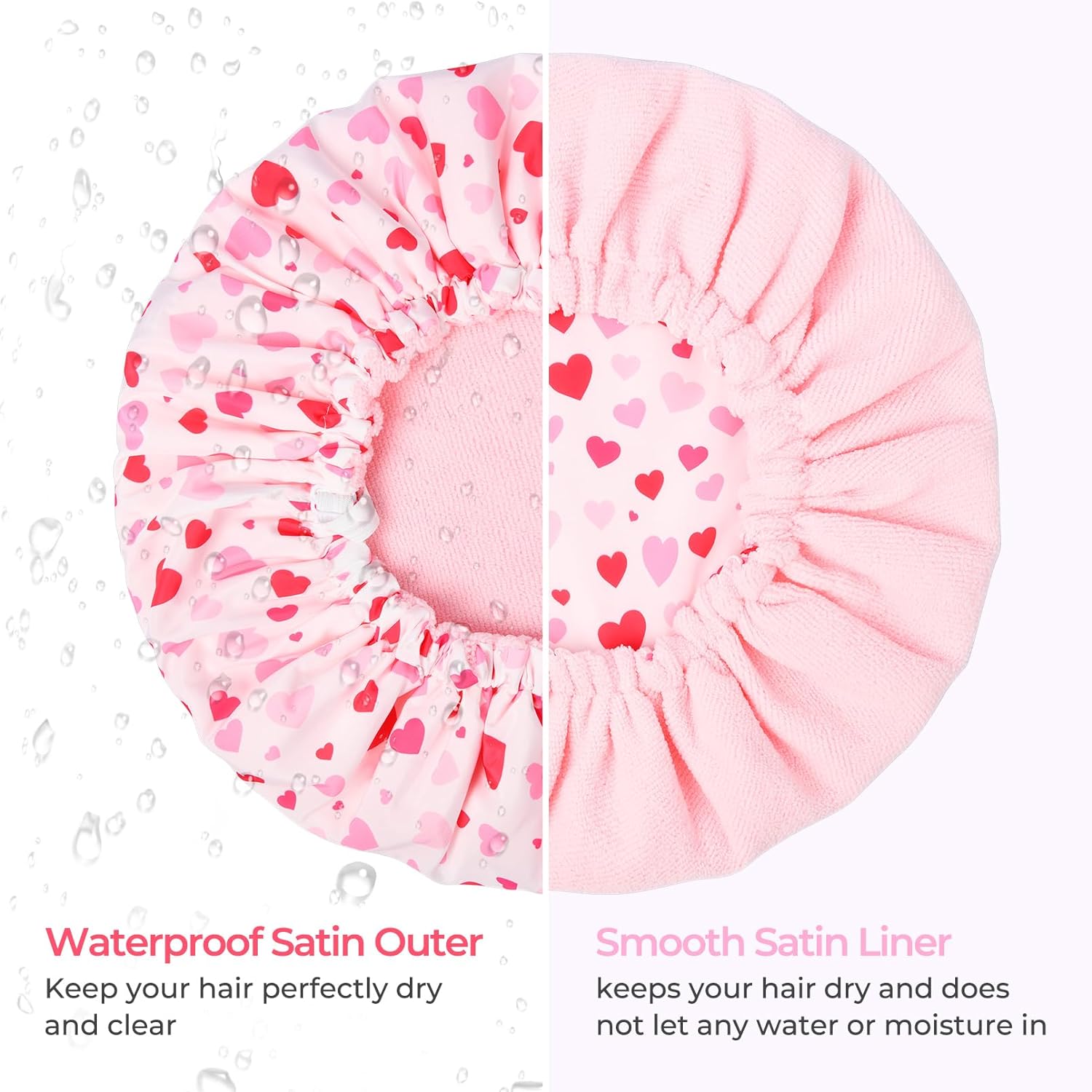 Shower Cap for Women Terry Lined Bath Cap Large Reusable Waterproof Elastic Band Pink Shower Caps for Long Thick Hair Soft Bath Shower Hair Caps