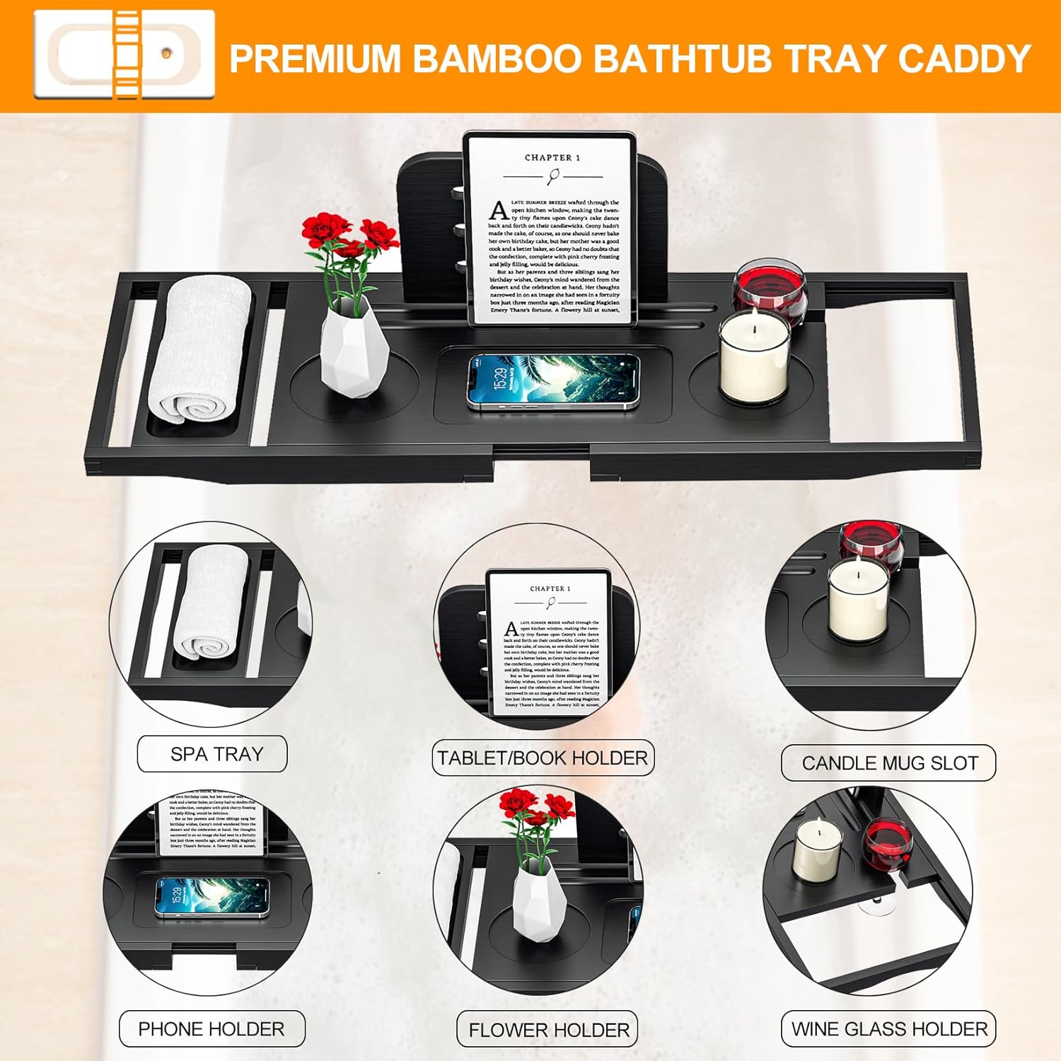 Premium Bathtub Tray Caddy - Bath Tray Bamboo Expandable - Bath Tub Tray Table for Bathtub - Expandable Size, Fits Most Bath Tubs