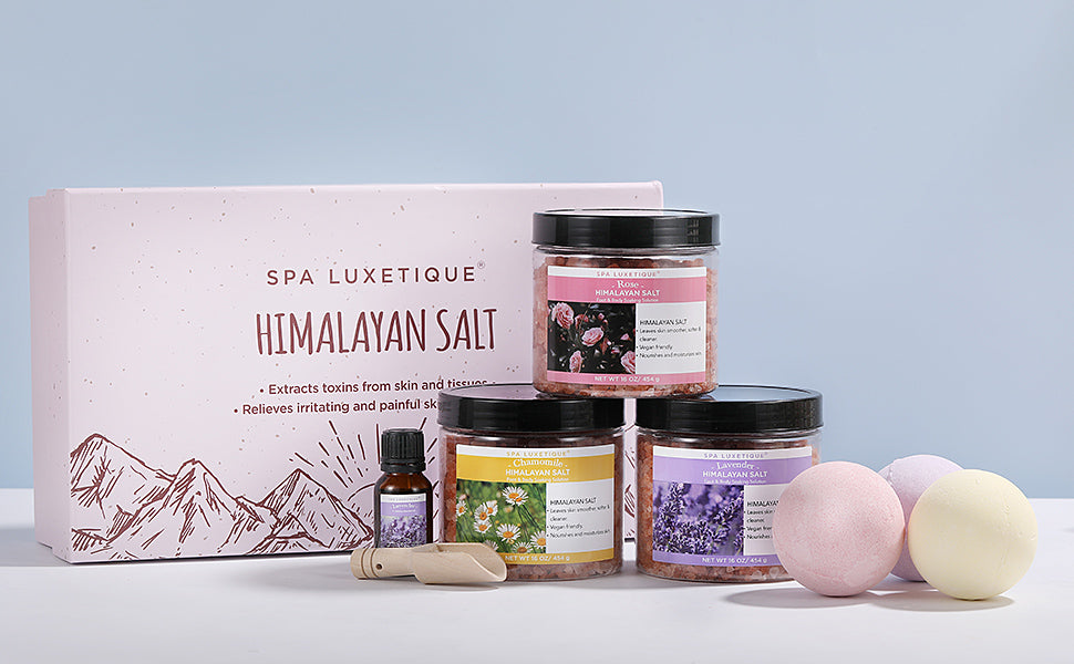 spa luxetique Bath Salts, 8pcs Bath Salts Gift Set with Argan Oil, Bath Bombs, Wooden Scoop, Epsom Salt for Soaking in Lavender, Rose, Chamomile Scent, Mother's Day Gifts