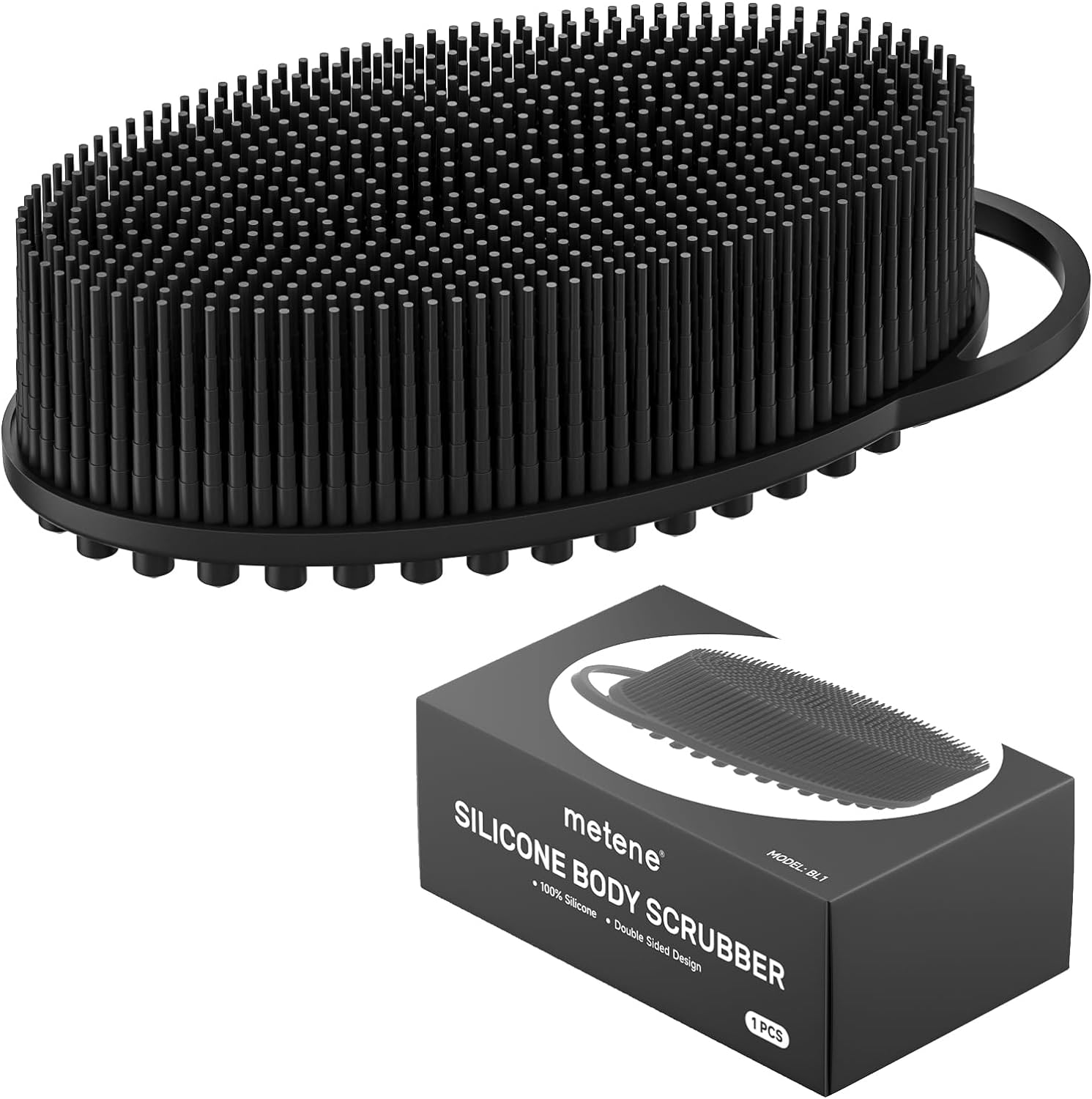 Metene Silicone Body Scrubber, Exfoliating Body Scrubber for Use in Shower,Lathers Well, Long Lasting, Soft Body Scrubber for Shower and Bath Skincare Routine(Black with Loop)