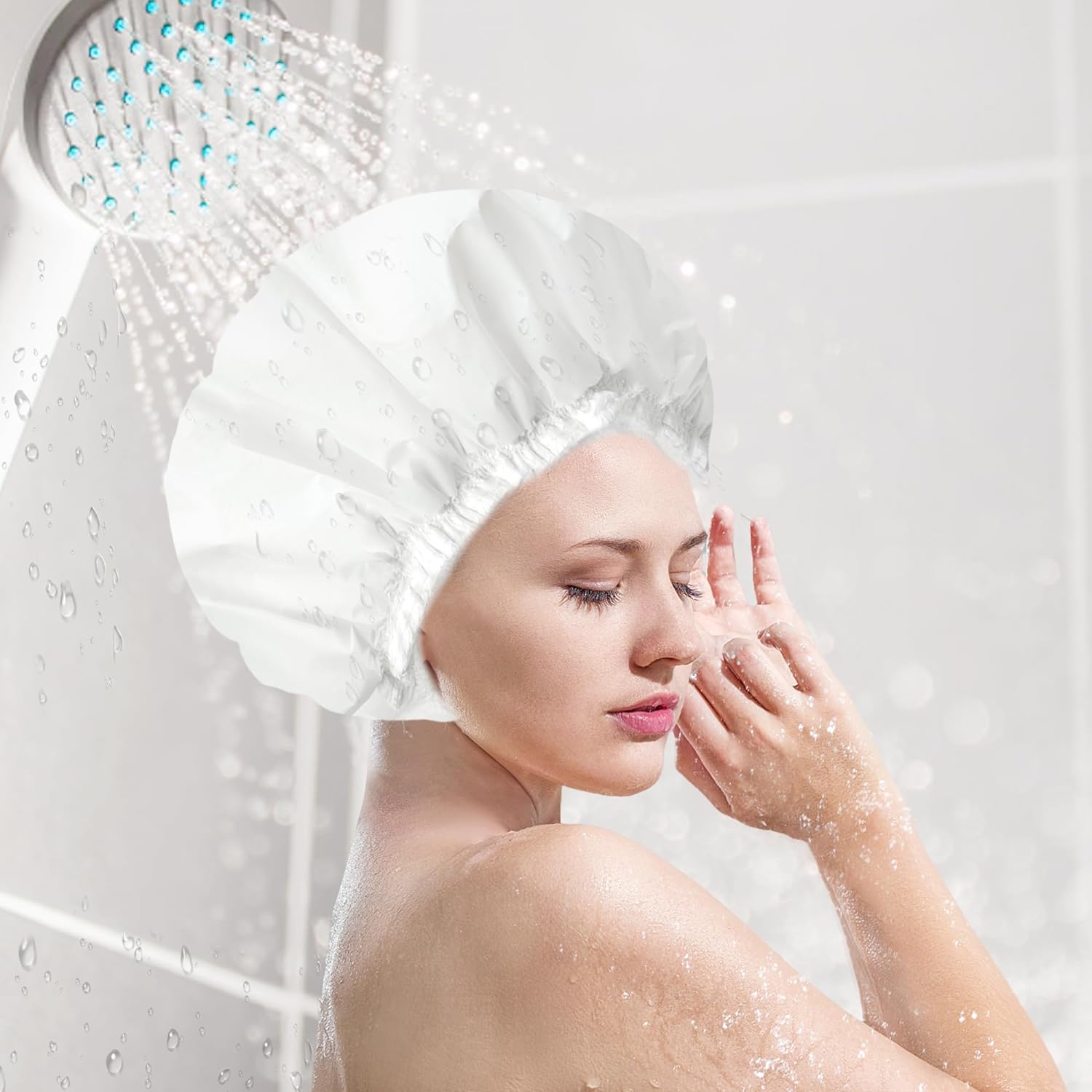 Shower Caps for Women, Terry Cloth Lined EVA Exterior Elastic and Reusable Bath Caps, Double Waterproof Layers Shower Cap, Bathing Shower Caps, Environmental Protection Bath Hair Cap - Pink