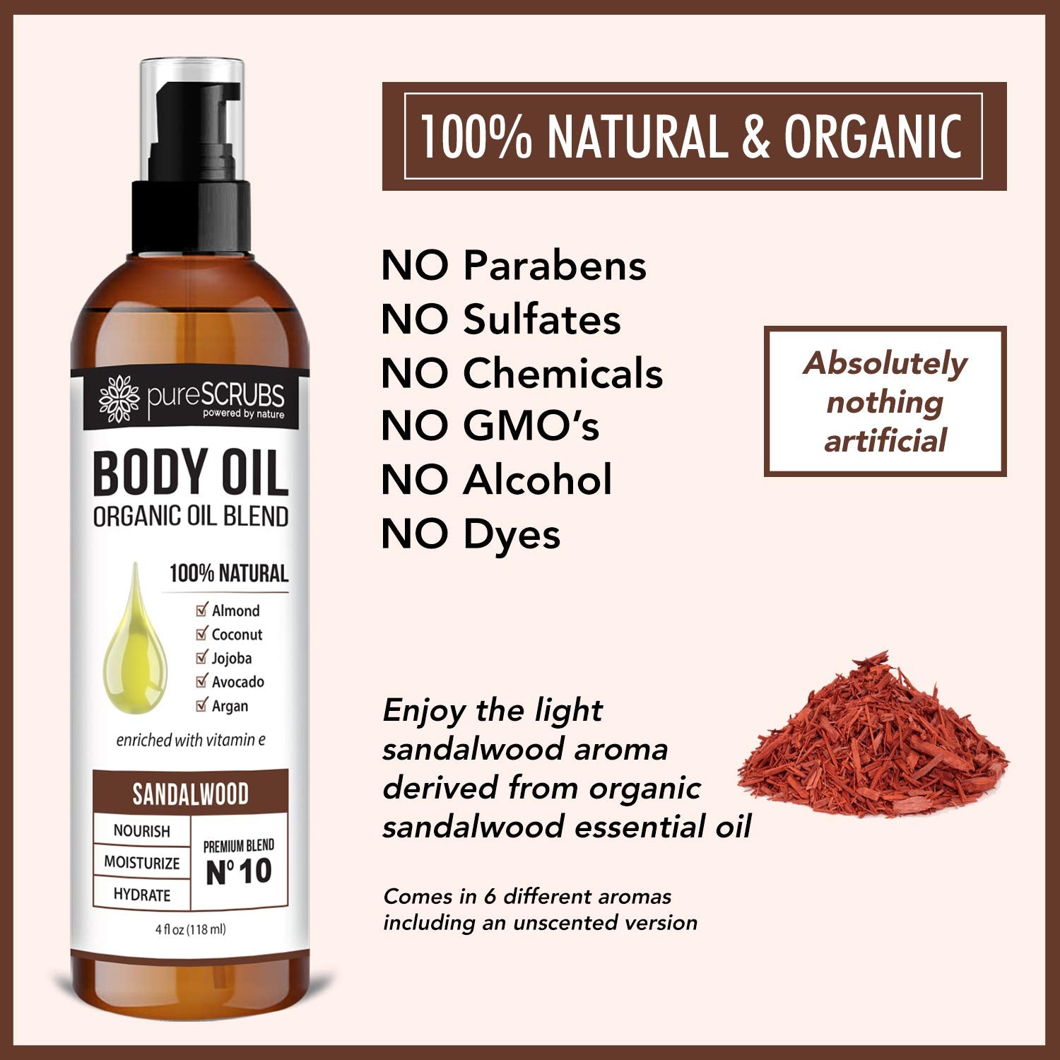 pureSCRUBS Ultra Moisturizing SANDALWOOD BODY OIL Spray For Dry Skin, Massage, Cuticles & More, Organic Blend of Jojoba, Argan, Coconut, Sweet Almond & Avocado Oils Enriched with Vitamin E - Lg 4oz