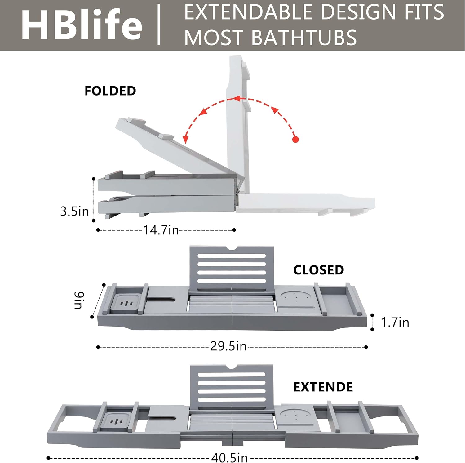 HBlife Bathtub Caddy Tray Foldable Bamboo Bath Table Tray with Book and Wine Glass Holder, Expandable Bathroom Accessories