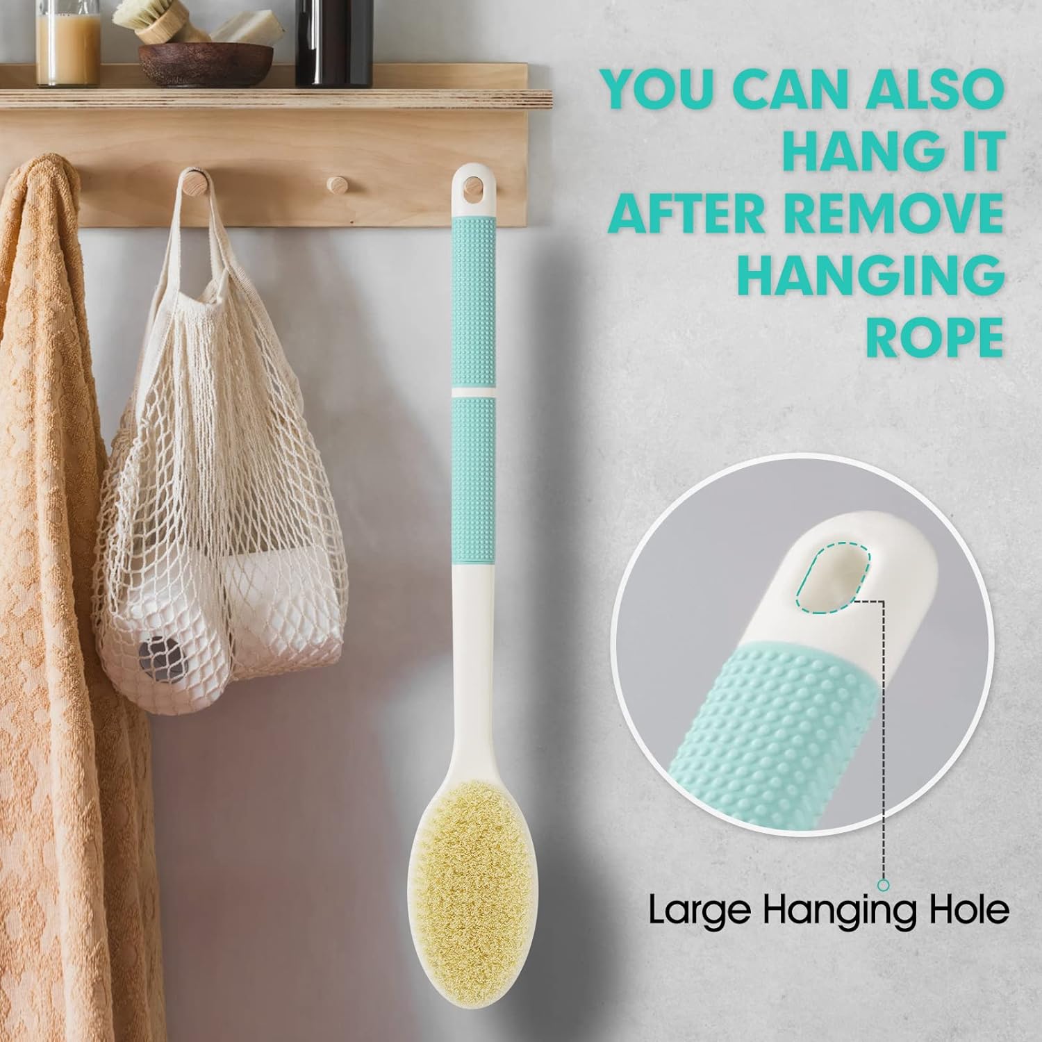 Backski Back Scrubber Anti Slip for Shower,Shower Brush Long Handle with Stiff and Soft Bristles,Body Exfoliator for Bath or Dry Brush(Blue)