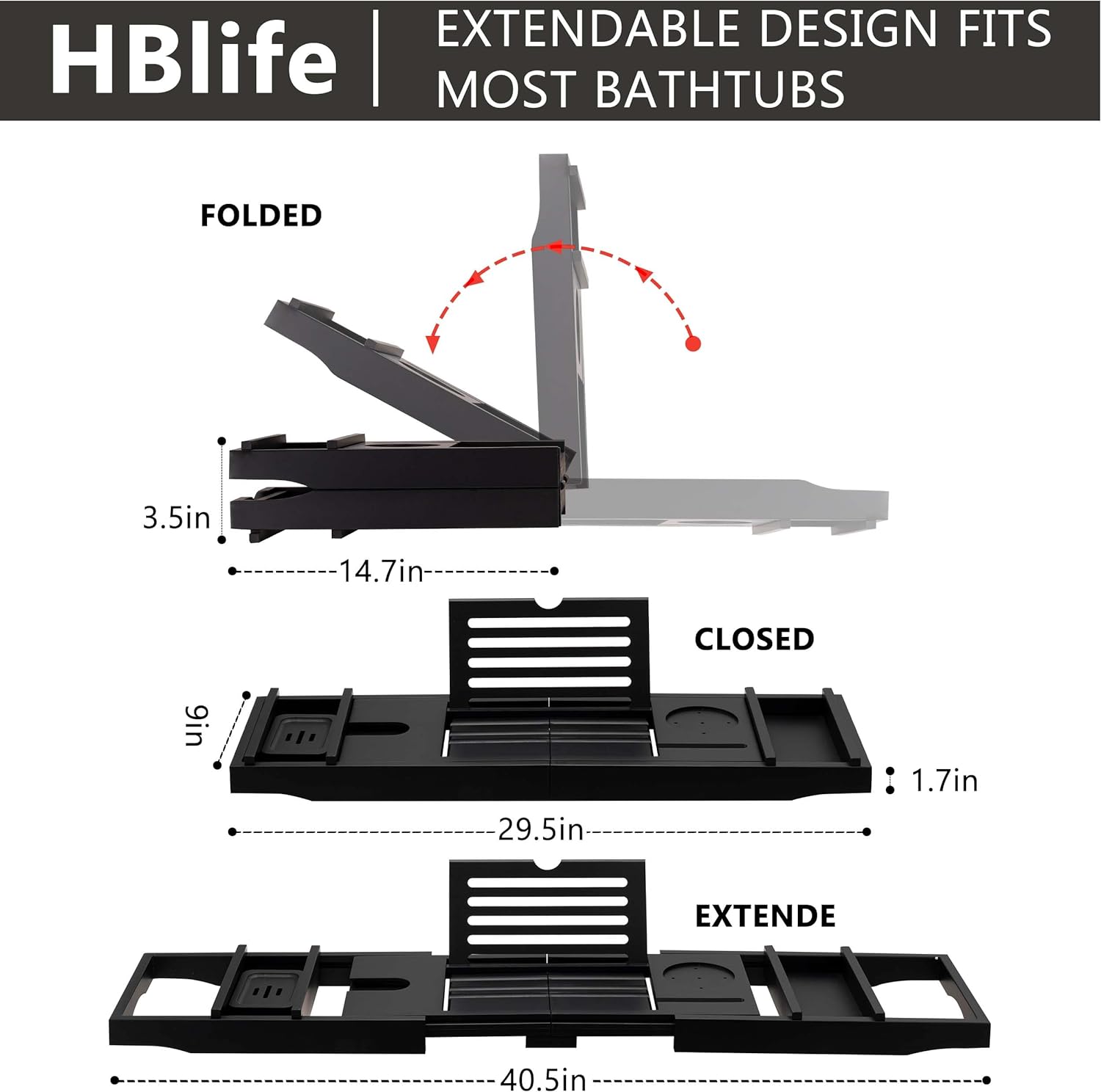 HBlife Bathtub Caddy Tray Foldable Bamboo Bath Table Tray with Book and Wine Glass Holder, Expandable Bathroom Accessories