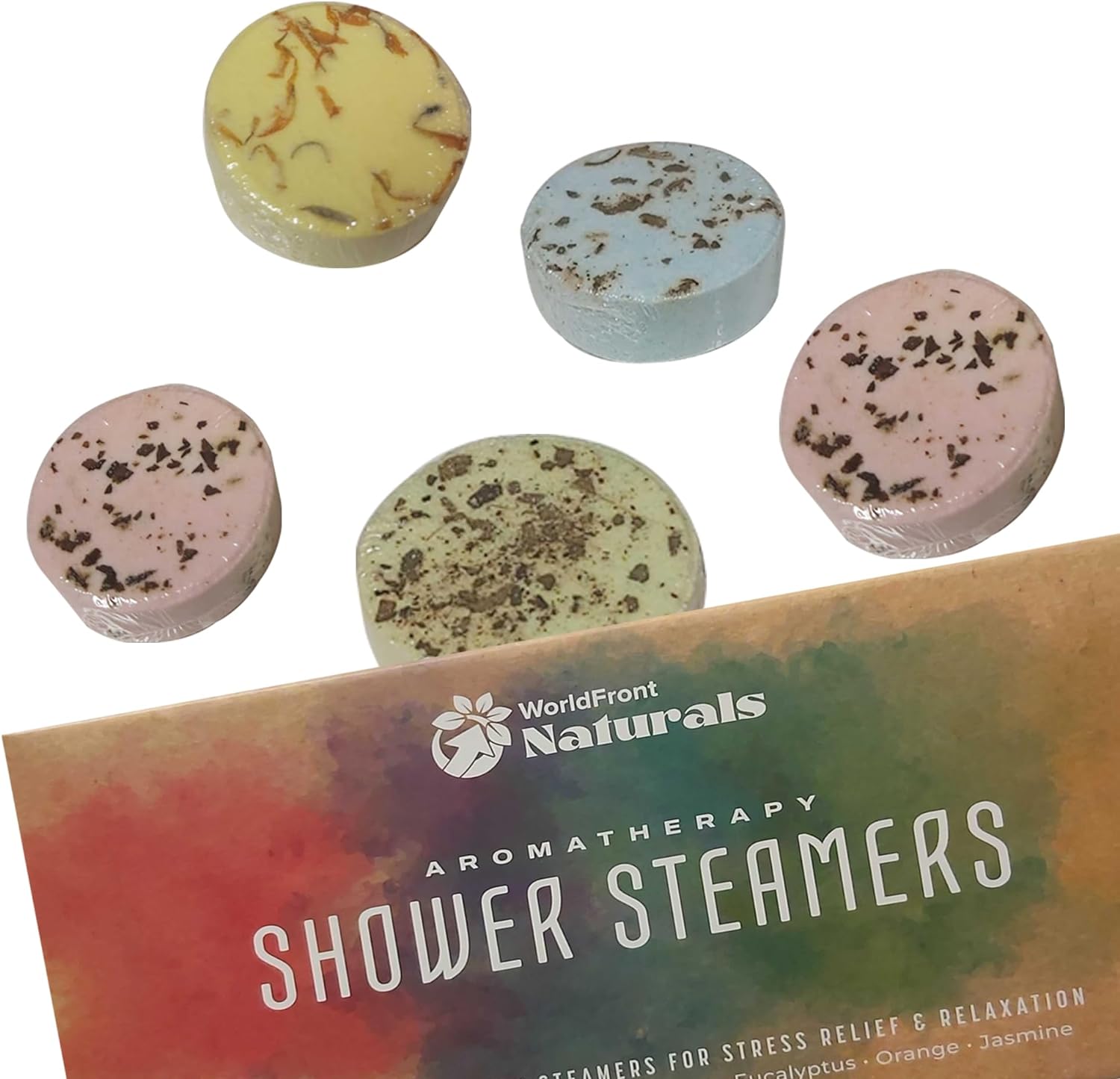 WorldFront Naturals Brand Round Shower Steamers Set - Aromatherapy Bath Bombs with 8 Natural Pure Essential Oils for Home Spa, 8-Pack Different Flavors Tablets - Perfect Gifts for Women