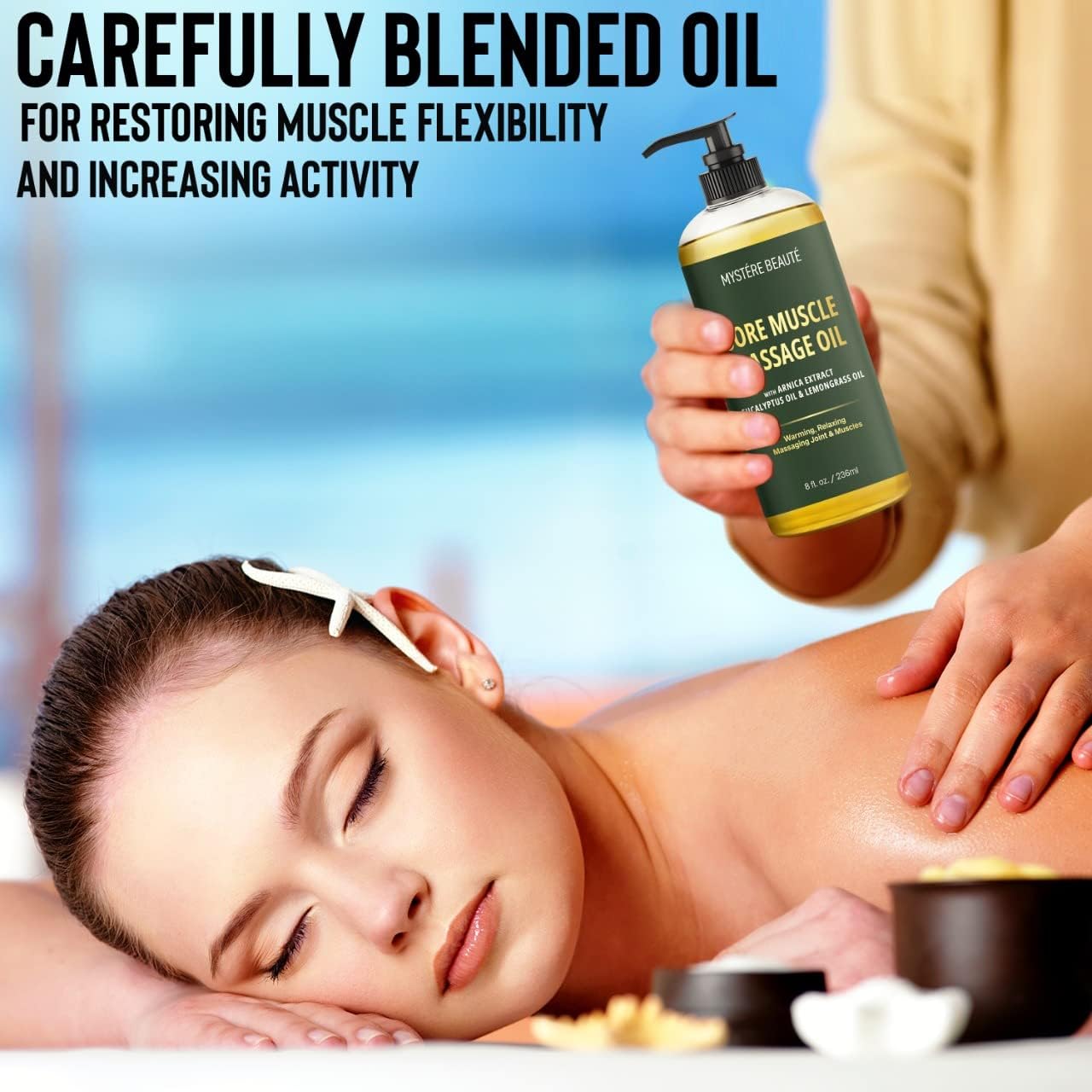 MYSTÉRE BEAUTÉ Sore Muscle Massage Oil for Massage Therapy with Arnica - Relaxing, Warming, Eases Muscle Soreness & Stiffness - Moisturizes Skin - Premium-Quality - 8 fl oz