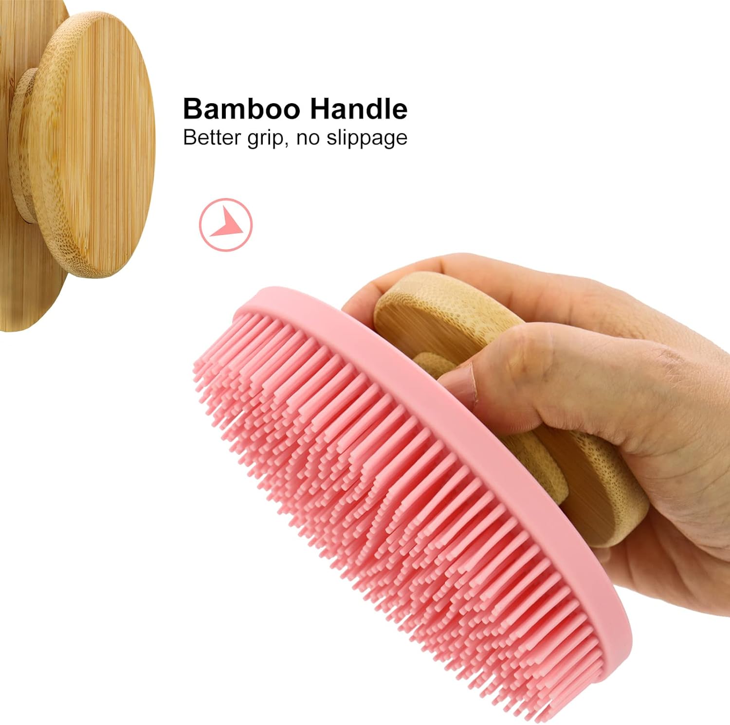 Ozner Food-Grade Soft Silicone Body Scrubber Shower Brush, Cleans and Removes Dead Skin - Foam-Rich Brush, Non-Slip Bamboo Handle Silicone Loofah, Durable and Easy to Clean, 1pc (Pink)
