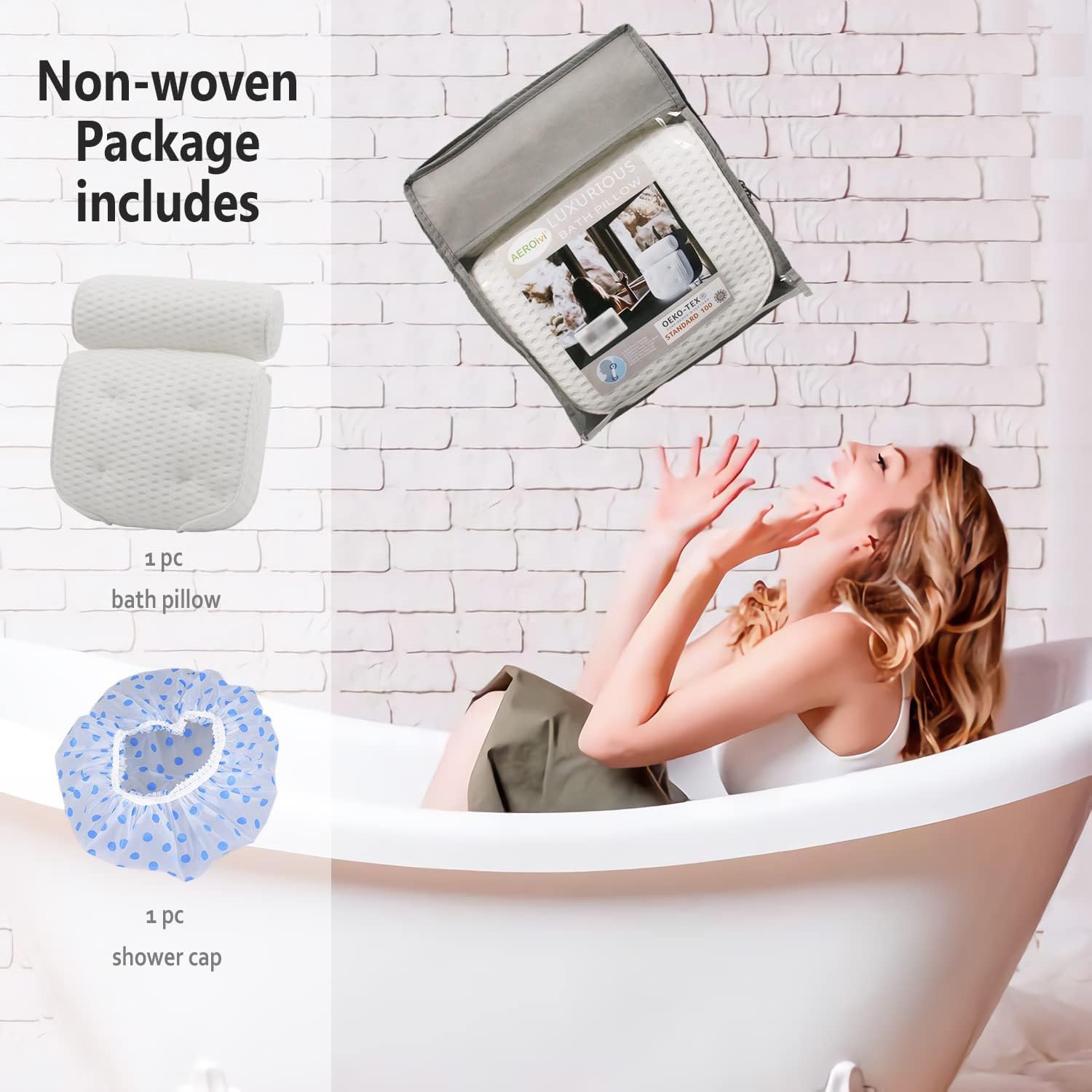 AEROiVi Bathtub Pillow Headrest Bath Pillows for Tub Neck and Back Support with Non Slip Suction Cups Spa Bath Cushion Relaxing Bathroom Accessories