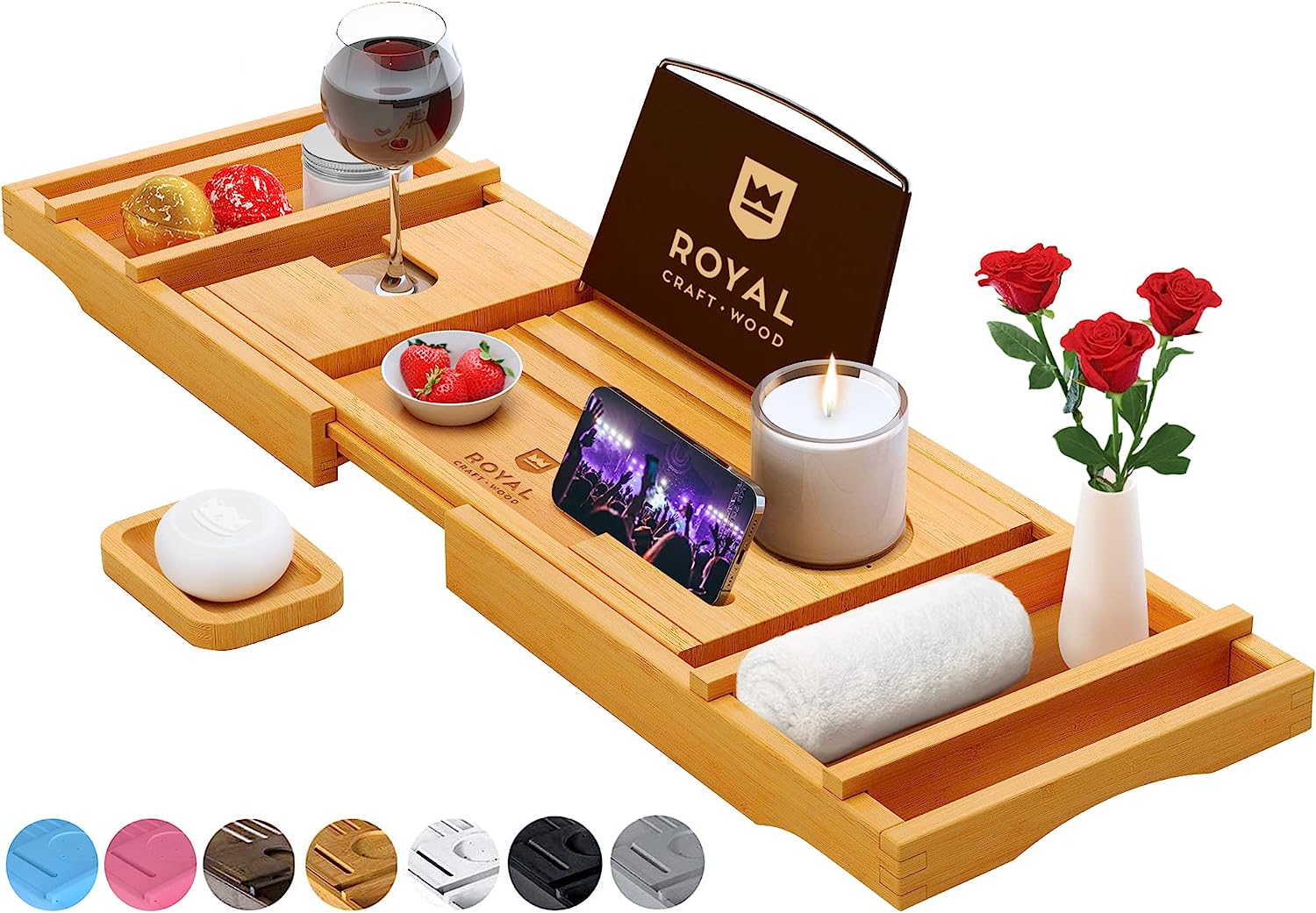 ROYAL CRAFT WOOD Foldable Bathtub Tray Caddy Bamboo Bathtub Tray Expandable, Bath Tub Table Caddy with Extending Sides - Free Soap Dish