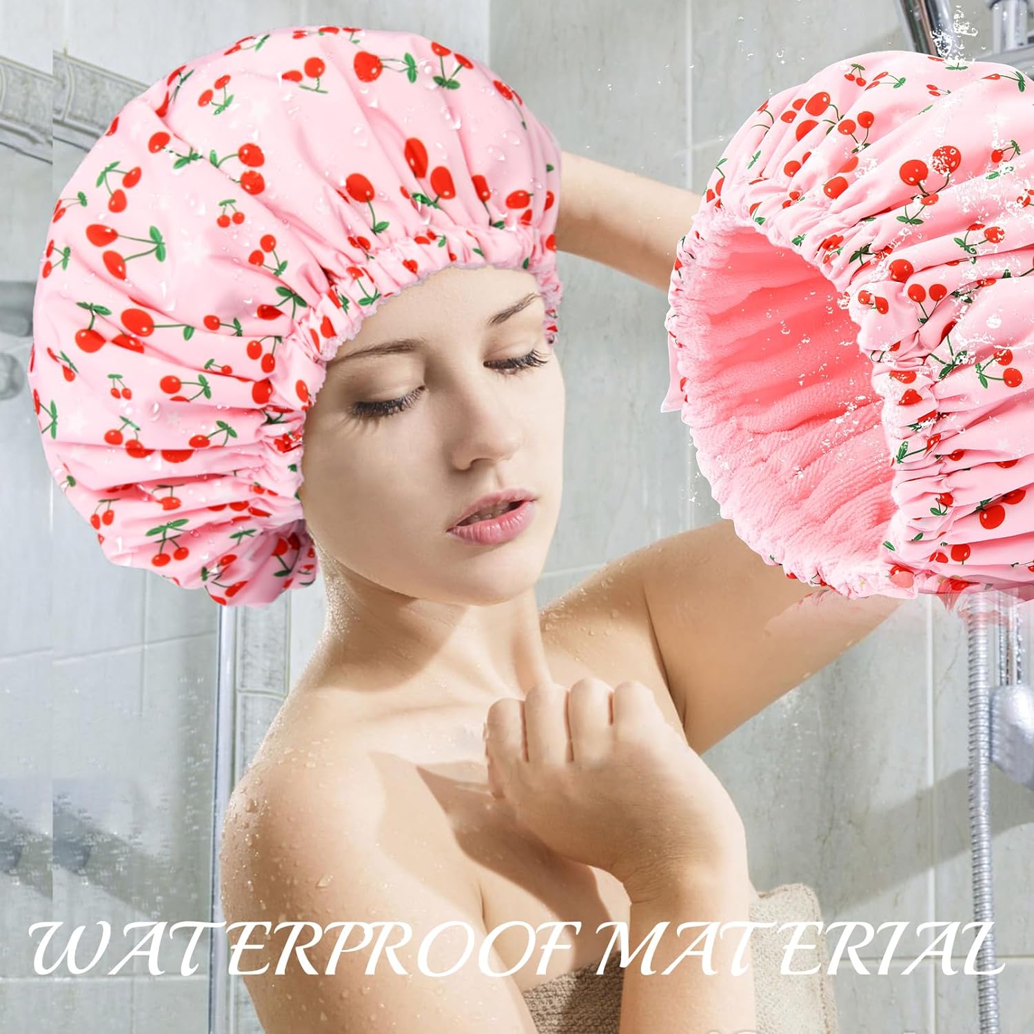 Shower Cap for Women Terry Lined Bath Cap Large Reusable Waterproof Elastic Band Pink Shower Caps for Long Thick Hair Soft Bath Shower Hair Caps