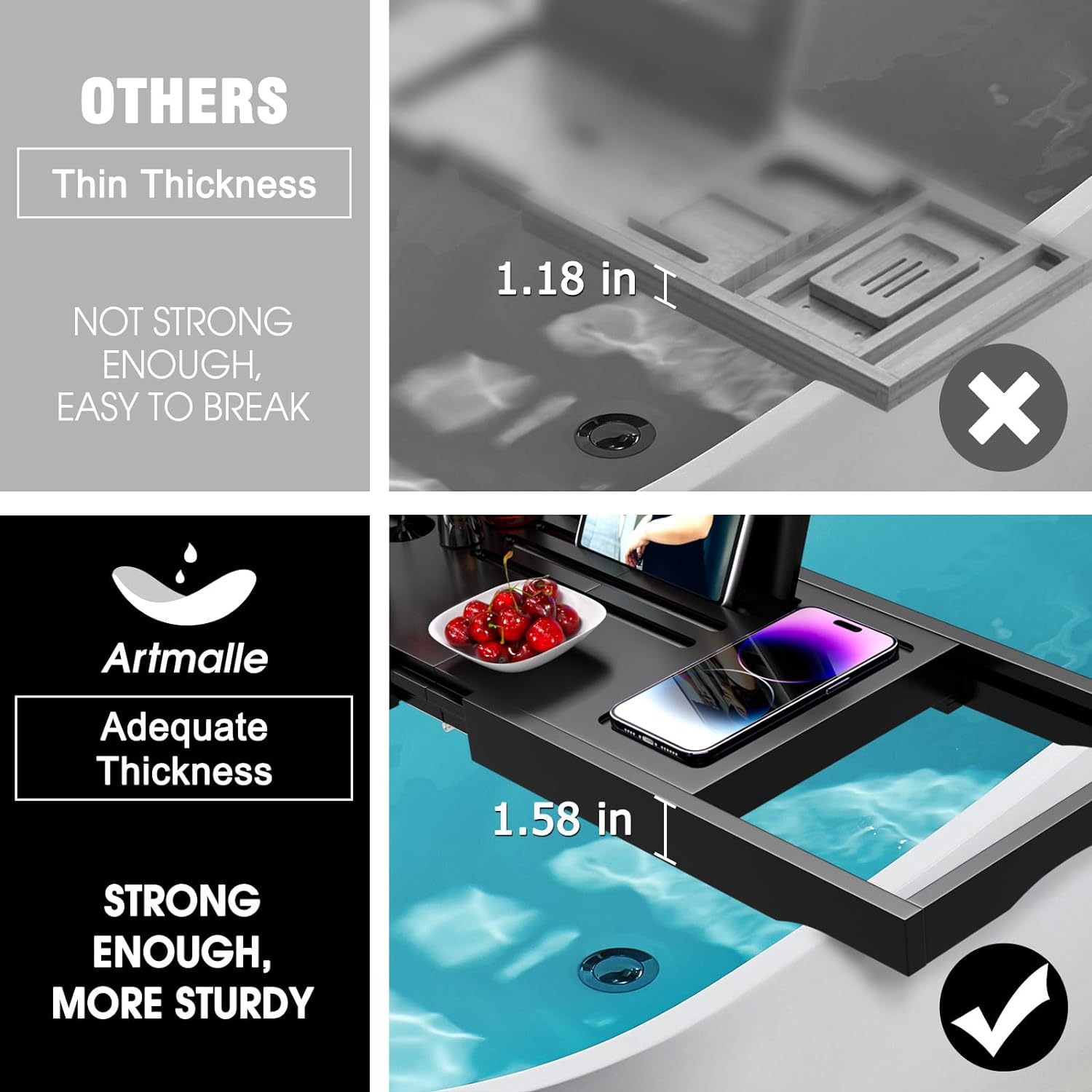 Artmalle Bathtub Caddy Tray for Tub,Foldable Bamboo Bath Table Tray with Book and Wine Glass Holder, Expandable Bathroom Accessories with Free Soap Dish Suitable for Luxury Spa or Reading