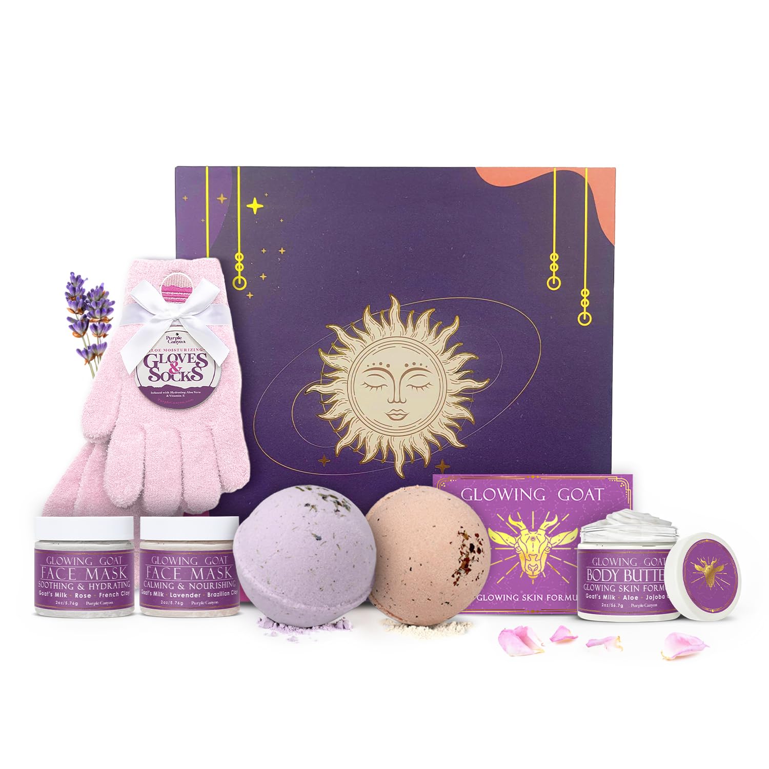 Purple Canyon Mystic Spa Box | 7 Piece Full Size Lavender Spa Kit for Self Care | Bath and Body Gifts for Women
