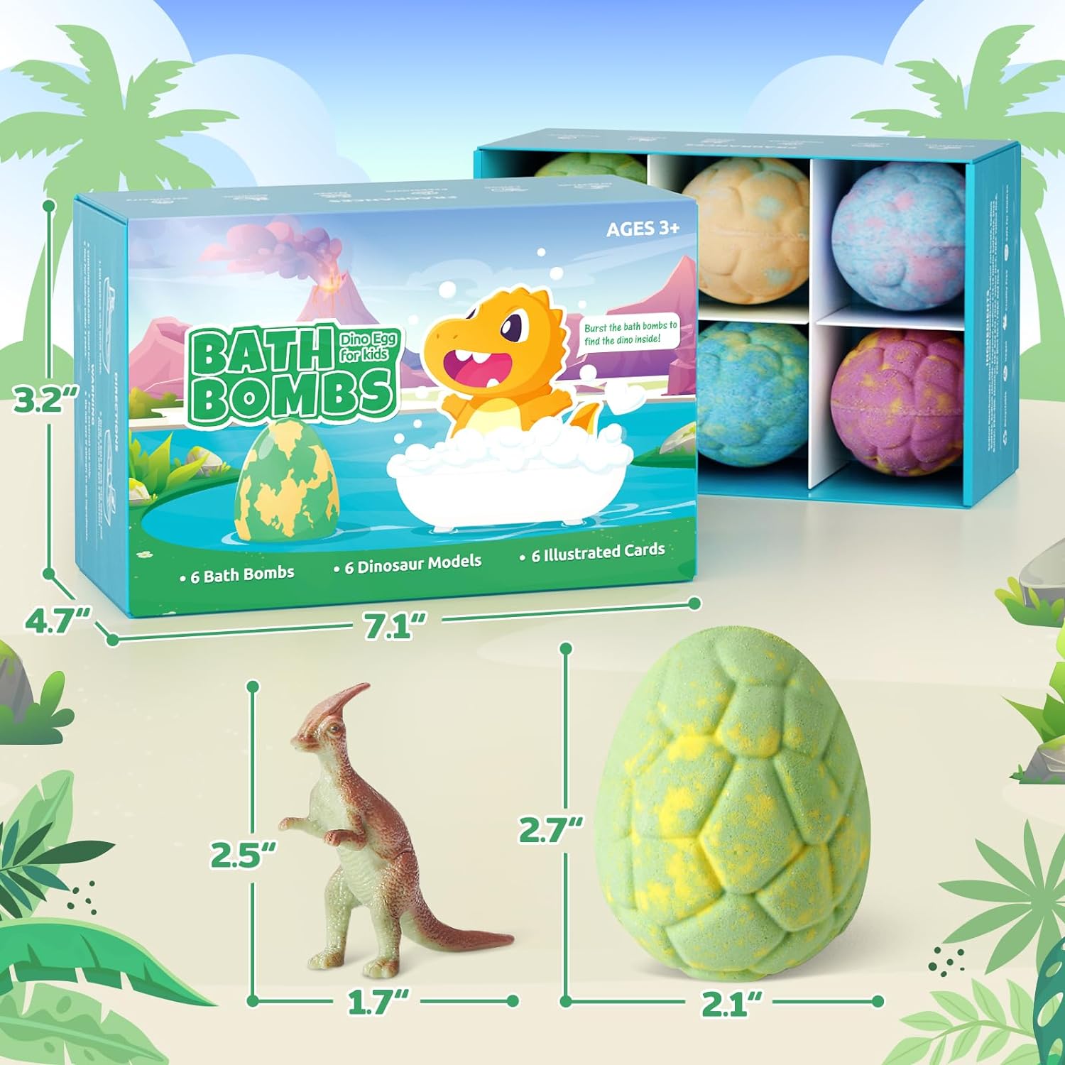 TranquilBliss Dino Egg Bath Bombs for Kids with Surprise Inside, 6 Packs Dinosaur Bath Toys Gift Set for Boys,Girls, Bubble Fizzies, Educational Birthday Gift Idea