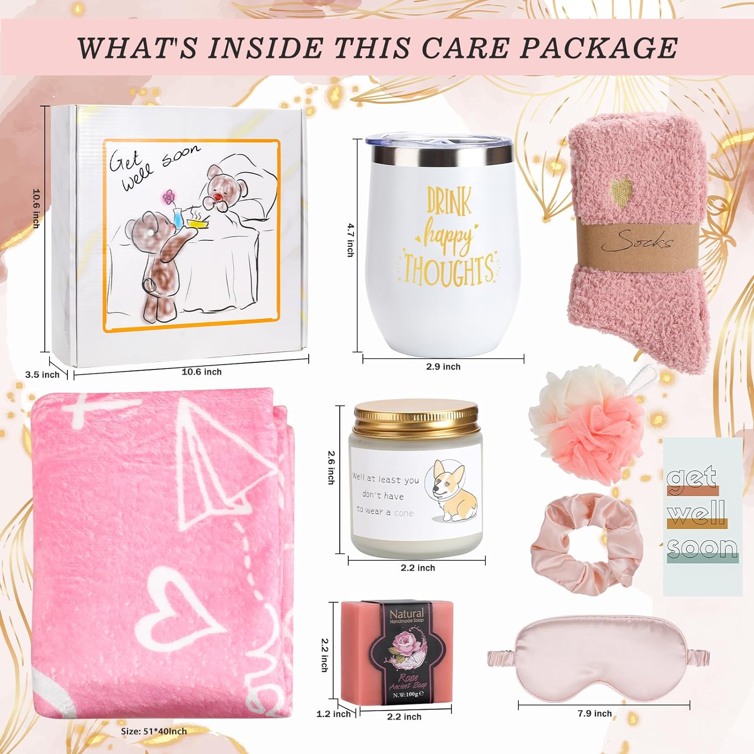 Get Well Soon Gifts for Women,After Surgery Basket with Flannel Blanket Coffee Mug,Sympathy Gifts Inspirational Thinking of you, Feel Better Soon Care Package for Sick Friends/Pink