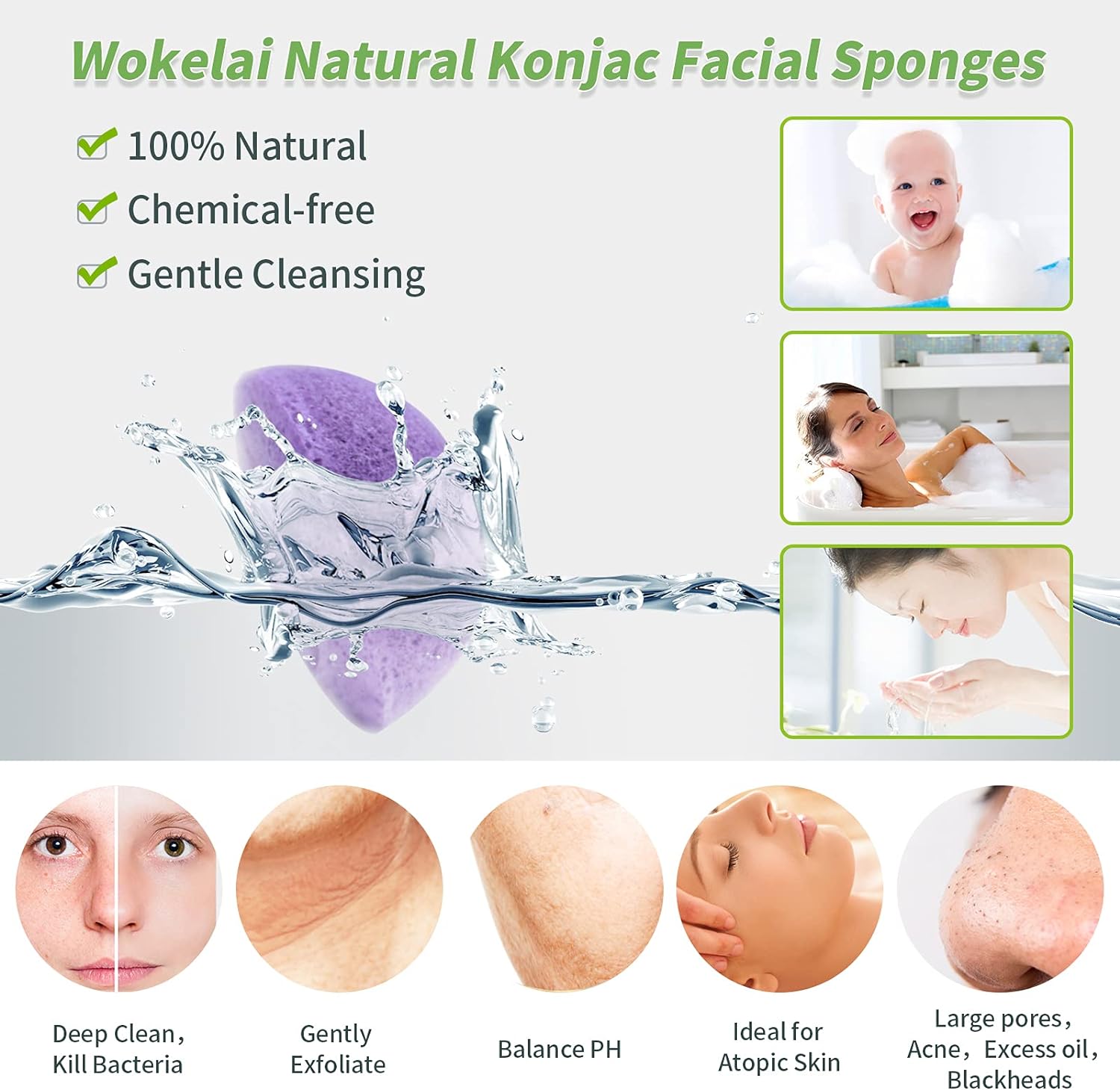 Konjac Facial Sponges for Cleansing Exfoliating - Konjac Face Sponge for Washing Face Body, Organic Natural Cleaning Puff Buff Scrubber for Shower Bath SPA for Babys Men Women