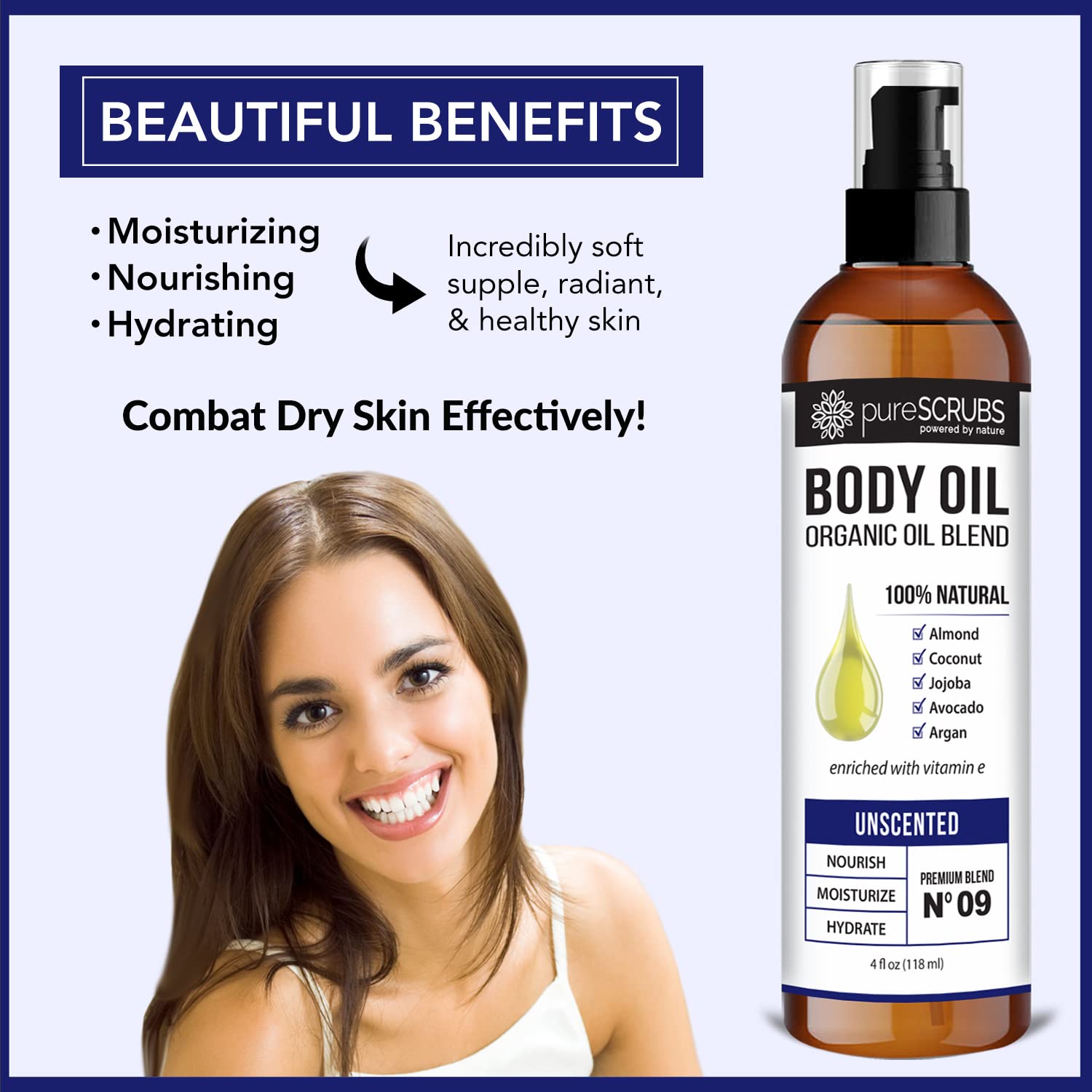 pureSCRUBS Ultra Moisturizing SANDALWOOD BODY OIL Spray For Dry Skin, Massage, Cuticles & More, Organic Blend of Jojoba, Argan, Coconut, Sweet Almond & Avocado Oils Enriched with Vitamin E - Lg 4oz