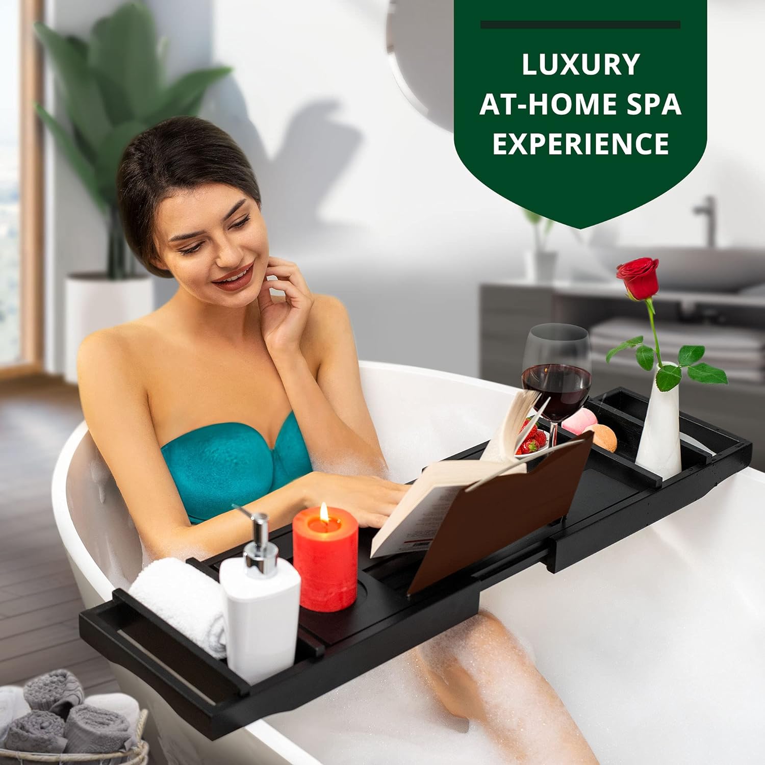 ROYAL CRAFT WOOD Foldable Bathtub Tray Caddy Bamboo Bathtub Tray Expandable, Bath Tub Table Caddy with Extending Sides - Free Soap Dish