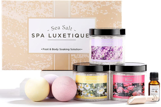 spa luxetique Bath Salts, 8pcs Bath Salts Gift Set with Argan Oil, Bath Bombs, Wooden Scoop, Epsom Salt for Soaking in Lavender, Rose, Chamomile Scent, Mother's Day Gifts