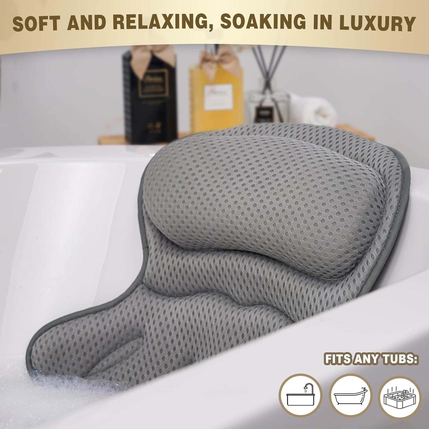 Bath Pillow Luxury Bathtub Pillow, Extra Soft & Comfortable Bath Pillow for Tub Head Neck and Back Support, with 3D Air Mesh Cushions & Non-Slip Suction Cups – Great Christmas Bath Gift (Gray)