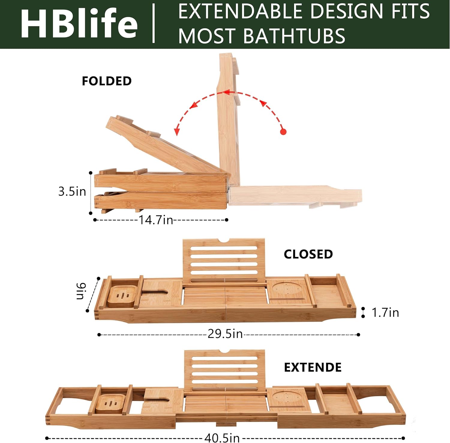 HBlife Bathtub Caddy Tray Foldable Bamboo Bath Table Tray with Book and Wine Glass Holder, Expandable Bathroom Accessories