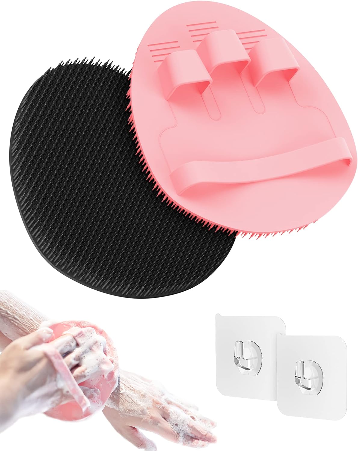 Manmihealth Silicone Back Scrubber(Thick Bristles) & Soft Bath Glove Set, Super-Exfoliating Body Scrubber & Super-Lathering Shower Brush Combination, with a Free Hook.(Black)