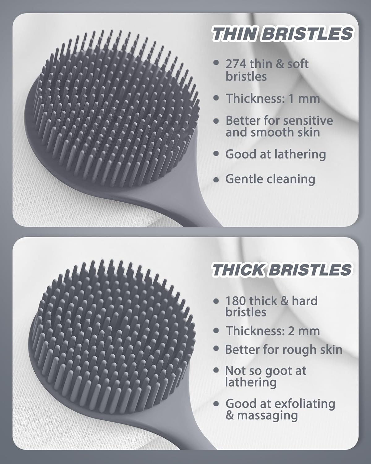 Manmihealth Silicone Back Scrubber(Thick Bristles) & Soft Bath Glove Set, Super-Exfoliating Body Scrubber & Super-Lathering Shower Brush Combination, with a Free Hook.(Black)