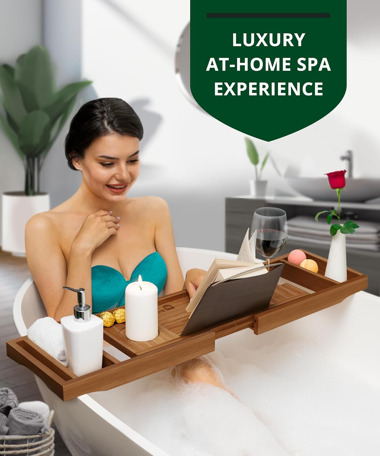 ROYAL CRAFT WOOD Foldable Bathtub Tray Caddy Bamboo Bathtub Tray Expandable, Bath Tub Table Caddy with Extending Sides - Free Soap Dish