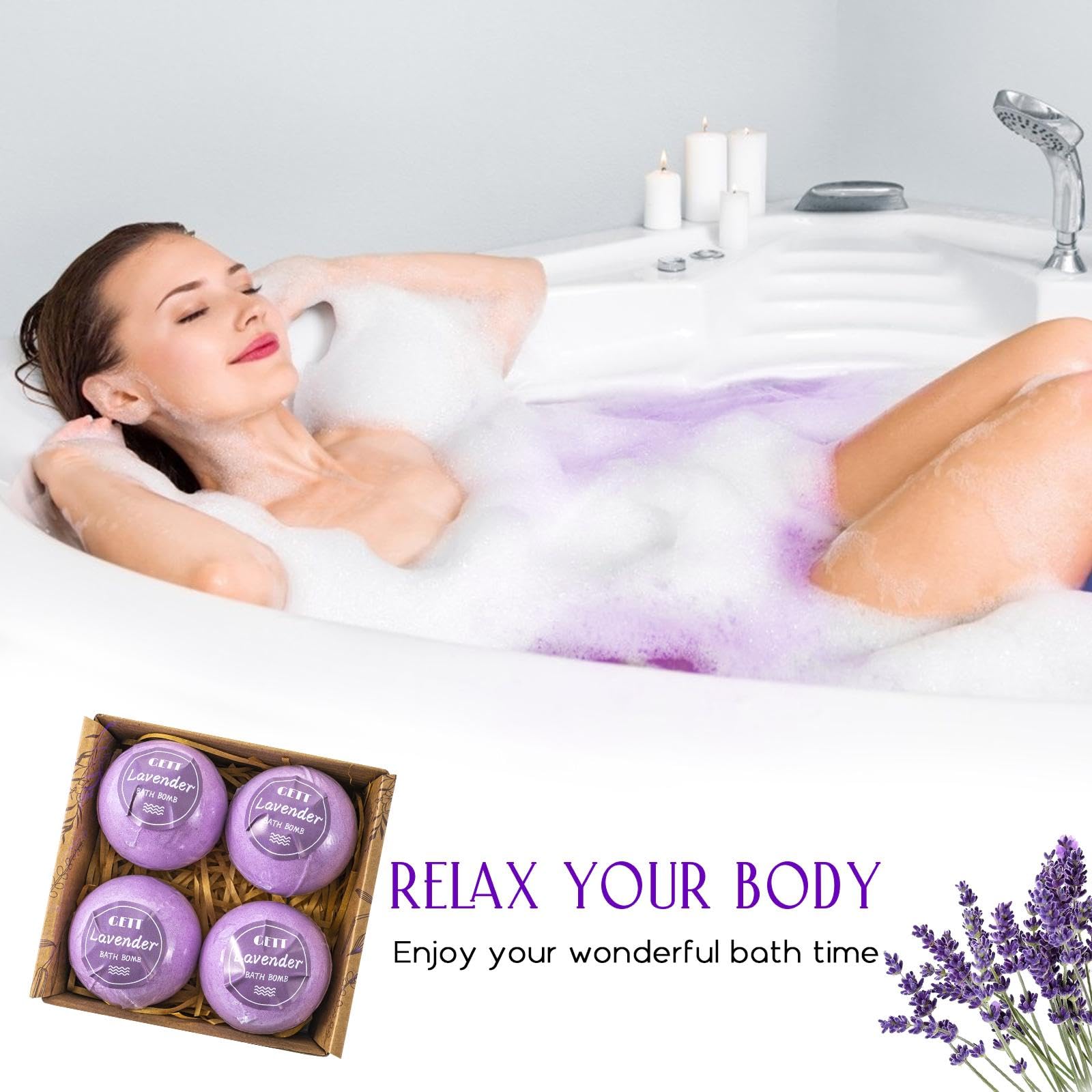 GETT Lavender Bath Bombs 4-pcs, Individually Wrapped Bath Bombs for Men & Women, Luxury Gift Set with Vegan and Essential Oils, Relaxing and Moisturizing Bubble Bath, Organic Bath Essentials for All