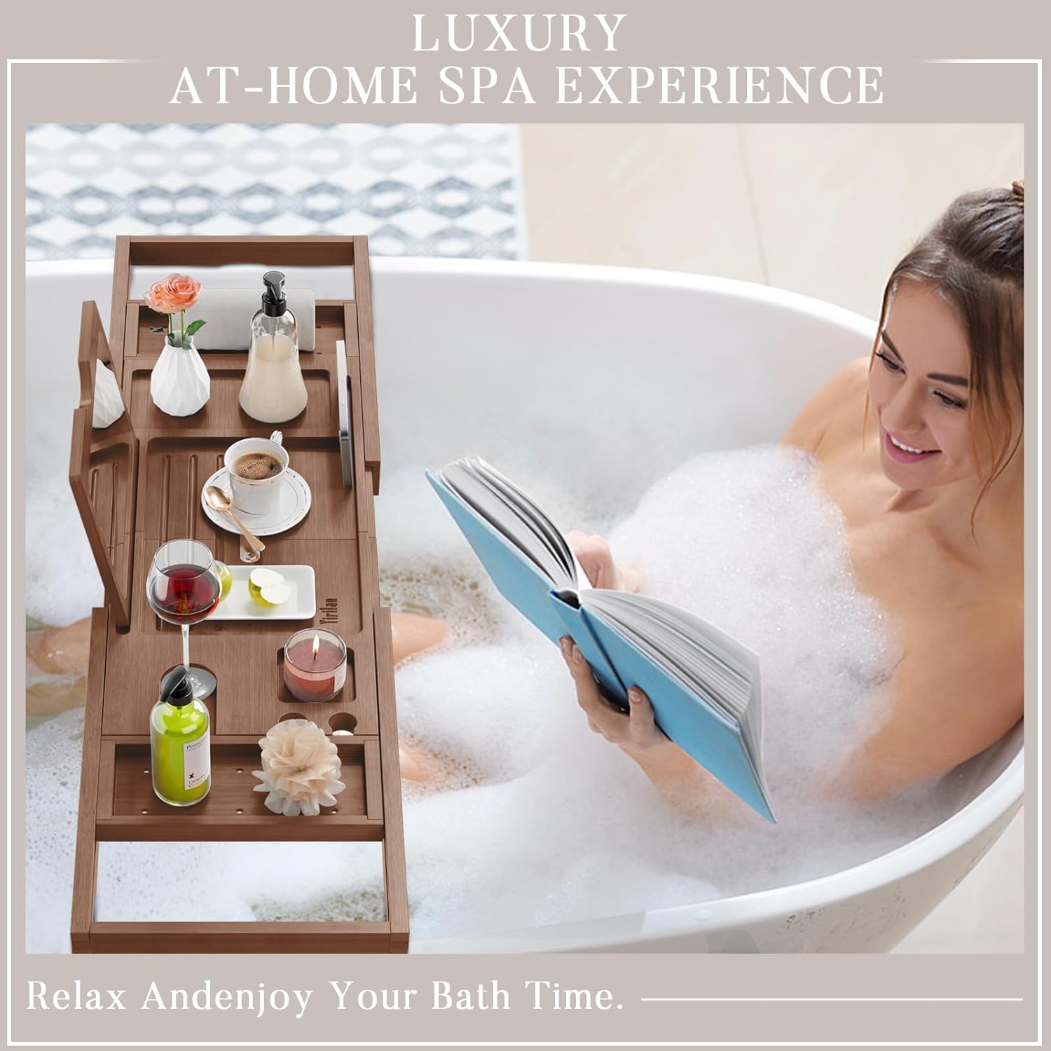 Yirilan Premium Bathtub Tray Caddy - Expandable Bath Tray - Unique House Warming Gifts, New Home, Anniversary & Wedding Gifts for Couple, Bridal Shower Gift for Women