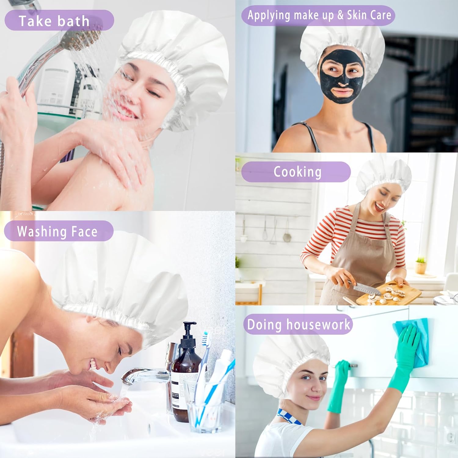 Shower Caps for Women, Terry Cloth Lined EVA Exterior Elastic and Reusable Bath Caps, Double Waterproof Layers Shower Cap, Bathing Shower Caps, Environmental Protection Bath Hair Cap - Pink