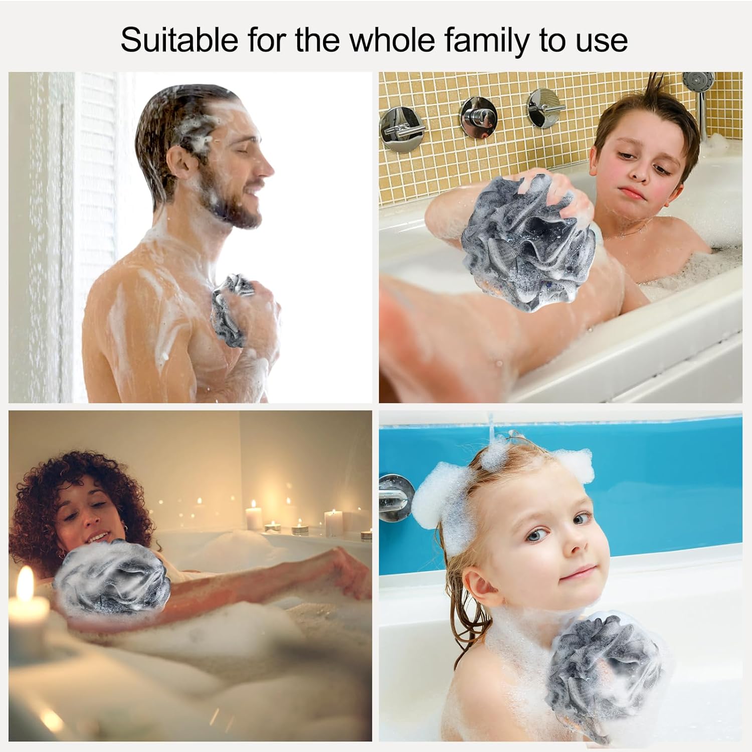 Fishent Loofah Bath Sponge Shower Loofahs, 4 Pack Soft Loofa Exfoliating Body Scrubber Mesh Shower Puff Pouf Ball Luffa for Men and Women(50g/pcs)