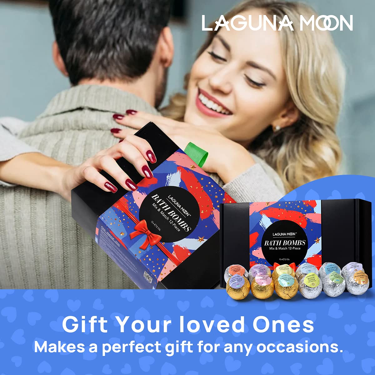 Lagunamoon Bath Bombs Gift Set, 6 Piece XXL Handmade Fizzy Shower Bombs with Essential Oils, Coconut Oil to Moisturize Dry Skin - Relaxing Spa Day for Women, Men, Kids - Birthday, Anniversary