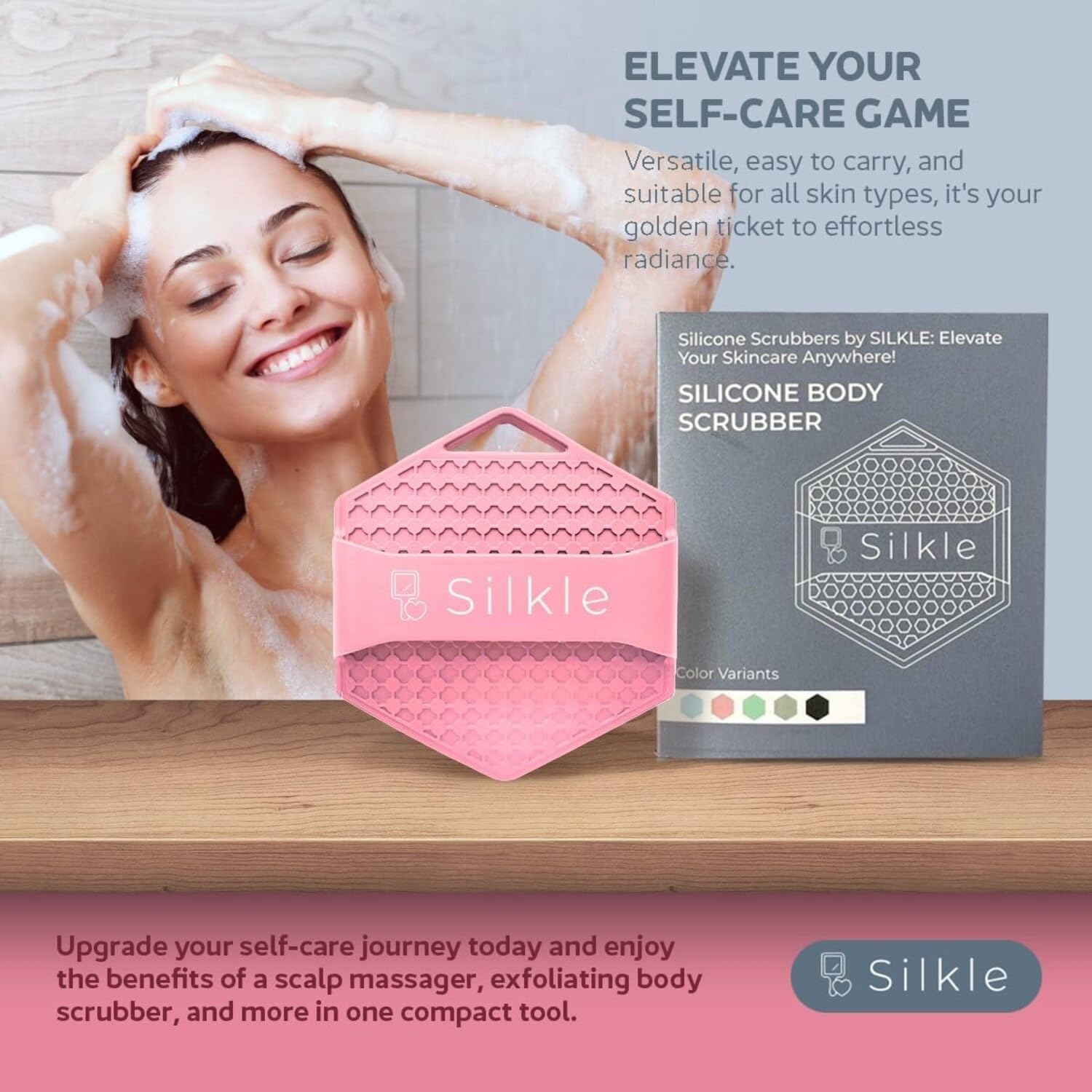 SILKLE Silicone Body Scrubber - Exfoliating Bath Brush and Skin Cleanser - Shower Sponge for Gentle Body Scrub and Wash - Silicone Scrubbing Care Tool for a Refreshed and Renewed You - Pink