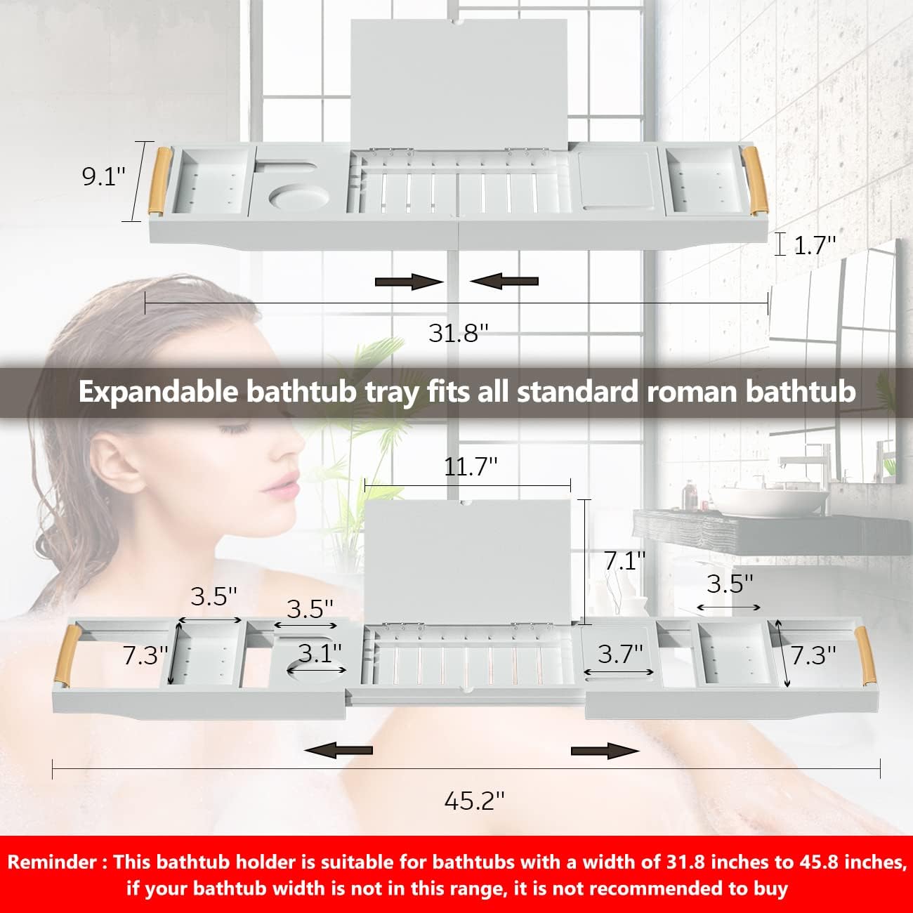 Bathtub Tray Luxury Bathtub Caddy, Expandable Bath Tray with Leather Grip, Adjustable 1 or 2 Person Bath Table Bed Tray with Slots for book Phone holder, Bamboo Bathroom Organizer & Accessories, White