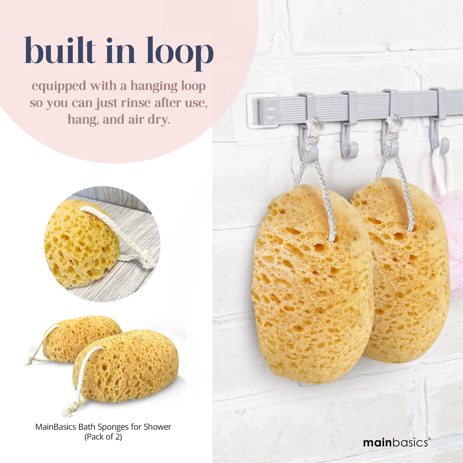 MainBasics Bath Sponge, Exfoliating Body Sponge Large & Soft Shower Sponge, Foam Loofah - 2 Pack