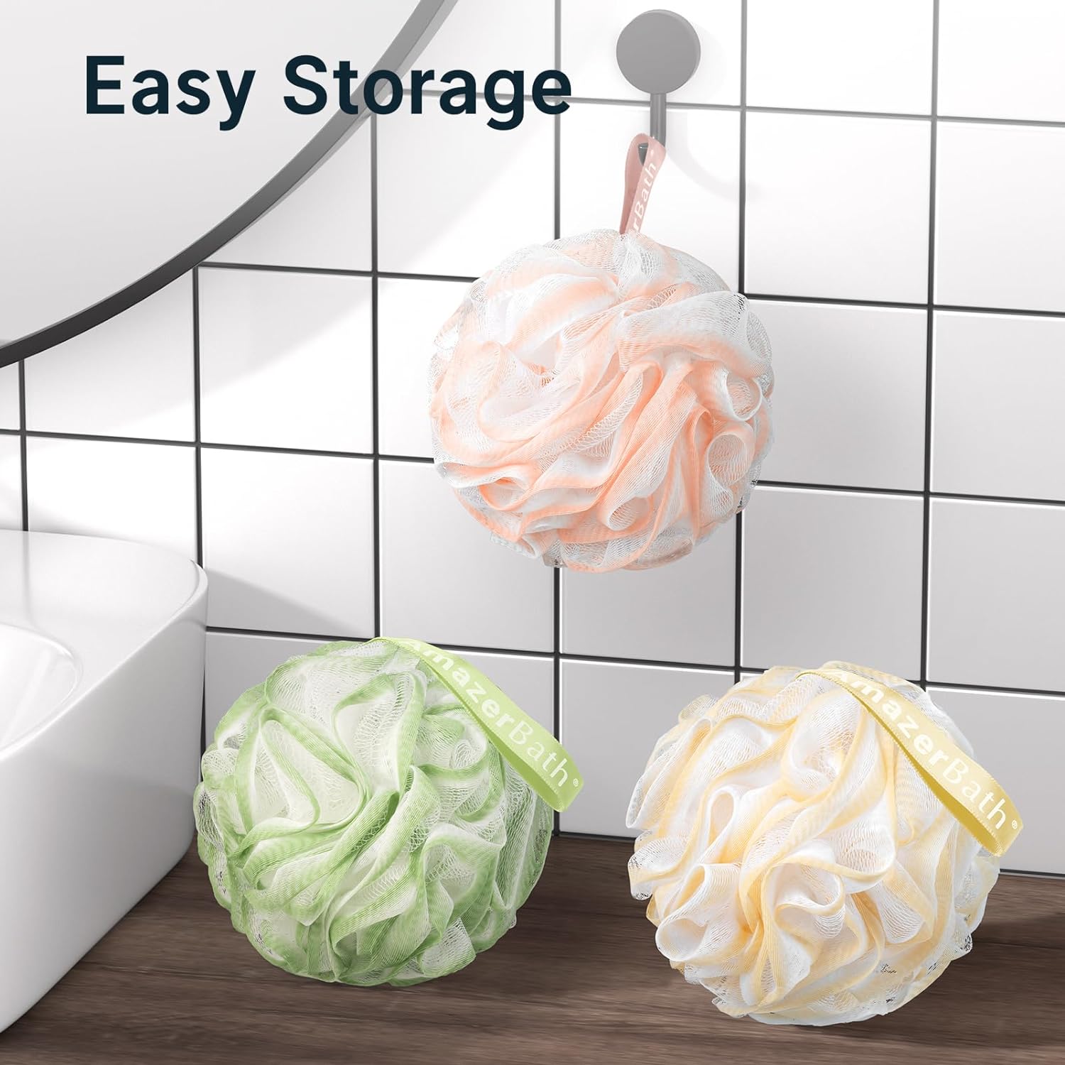 AmazerBath Loofah Sponge, Shower Loofah for Men and Women - Body Scrubber Loofa Set of 3 Classic Black & White Edge, Bath Sponge 60g/PCS