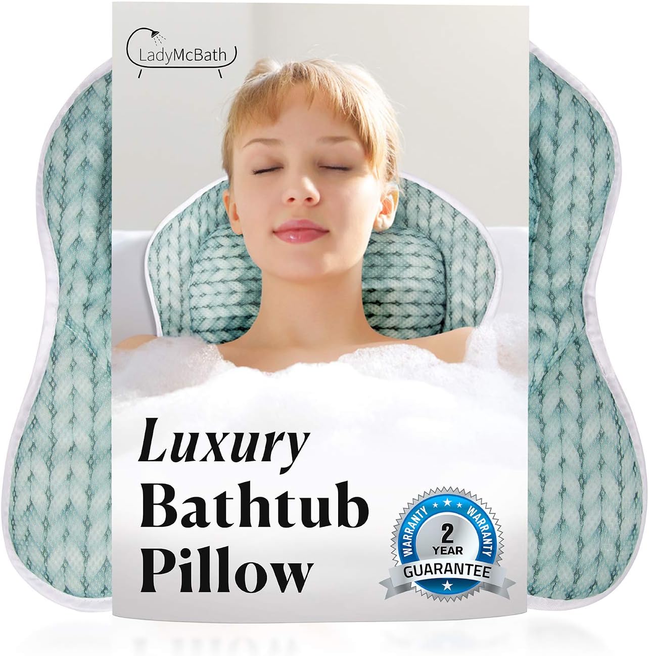 Lady McBath Bath Pillow - Luxury Bath Pillows for Tub Neck and Back Support - Powerful Suction Cups, Machine Washable Bathtub Accessory for Relaxation (Turquoise)