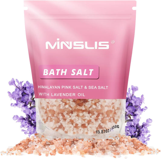 MINSLIS Bath Salts for Women Relaxing, Himalayan Pink Salt with Lavender Oil Essential Oil & Sea Salts 100% Natural Aromatherapy and Relaxation Foot Spa Body for Pain Relief - 15.87 oz