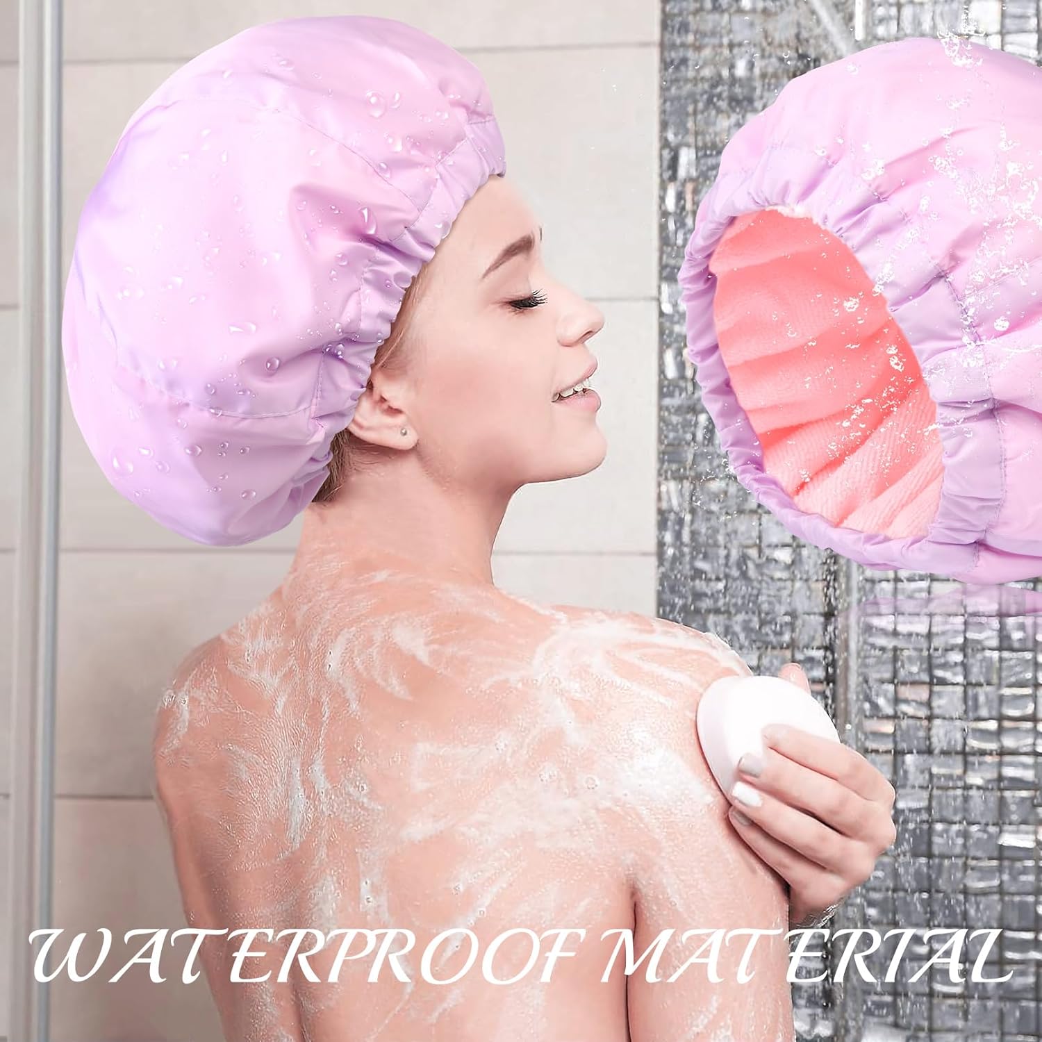 Shower Cap for Women Terry Lined Bath Cap Large Reusable Waterproof Elastic Band Pink Shower Caps for Long Thick Hair Soft Bath Shower Hair Caps