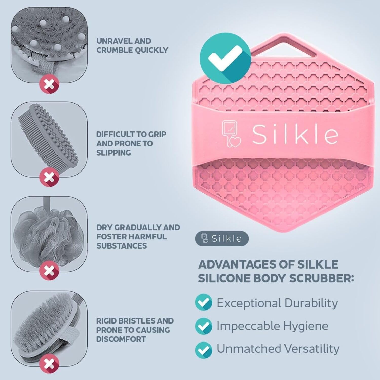 SILKLE Silicone Body Scrubber - Exfoliating Bath Brush and Skin Cleanser - Shower Sponge for Gentle Body Scrub and Wash - Silicone Scrubbing Care Tool for a Refreshed and Renewed You - Pink