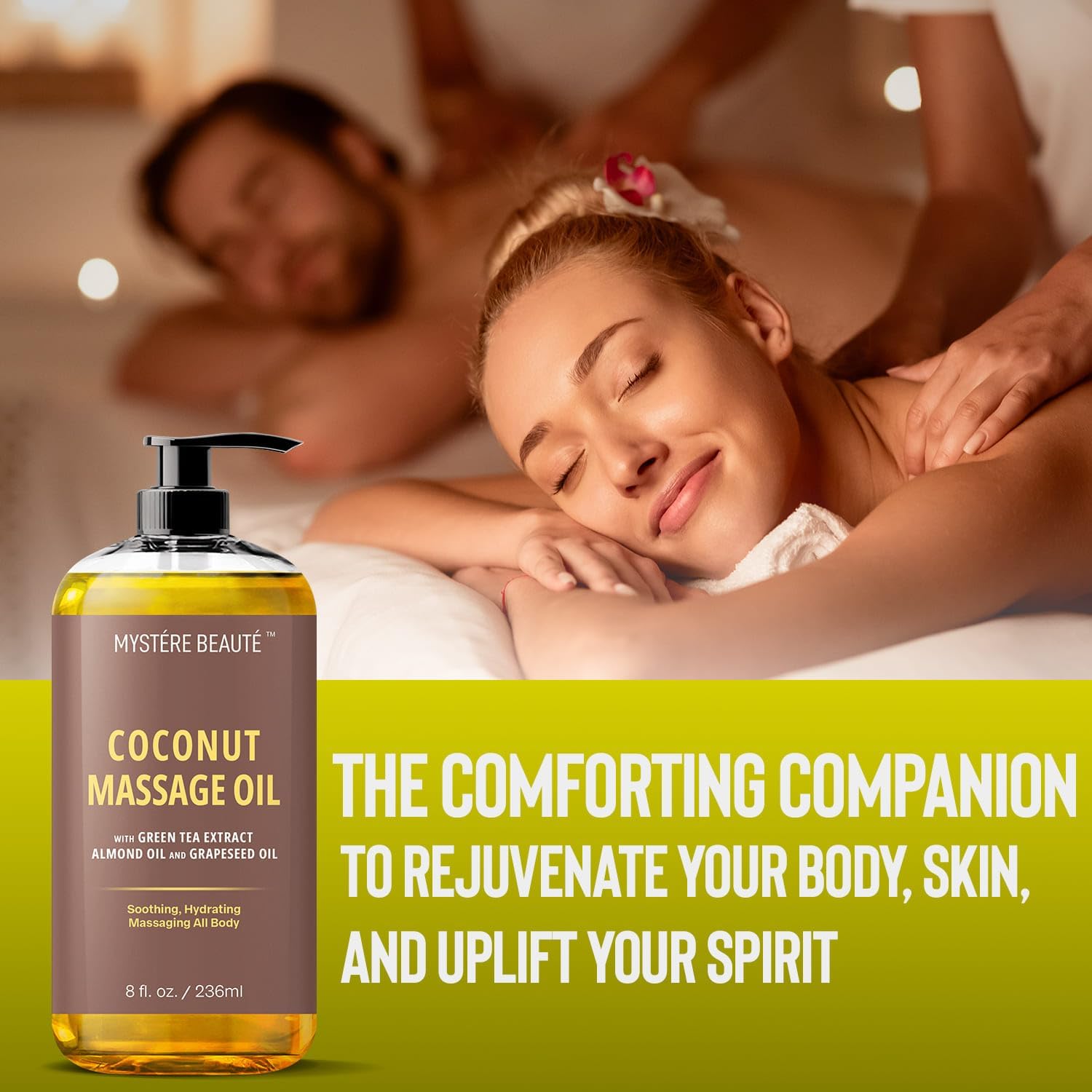 MYSTÉRE BEAUTÉ Sore Muscle Massage Oil for Massage Therapy with Arnica - Relaxing, Warming, Eases Muscle Soreness & Stiffness - Moisturizes Skin - Premium-Quality - 8 fl oz