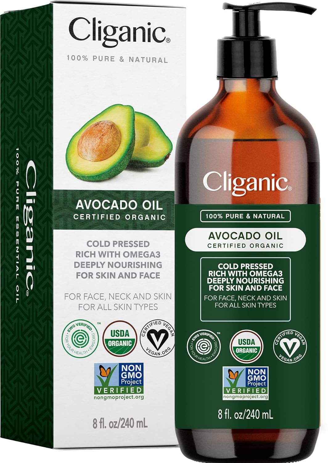 Cliganic Organic Avocado Oil, 100% Pure (8oz) - for Skin & Hair, Nourishing Carrier Oil for Face & Body