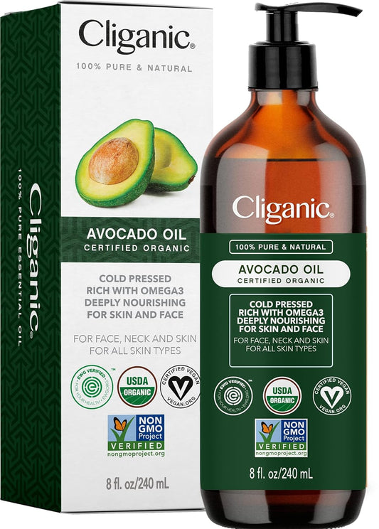 Cliganic Organic Avocado Oil, 100% Pure (8oz) - for Skin & Hair, Nourishing Carrier Oil for Face & Body