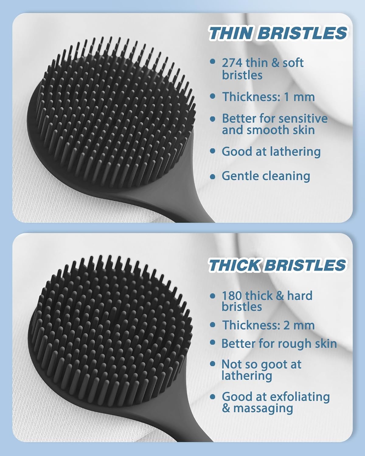 Manmihealth Silicone Back Scrubber(Thick Bristles) & Soft Bath Glove Set, Super-Exfoliating Body Scrubber & Super-Lathering Shower Brush Combination, with a Free Hook.(Black)