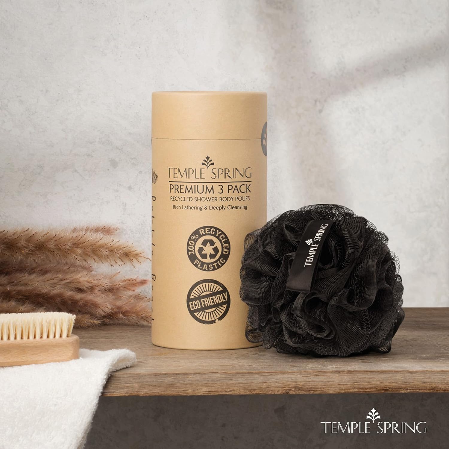 Shower Loofahs - 3 pack Natural Recycled Shower Poufs and Skin Scrubber Set for Men and Women - Exfoliating Body Bath Scrunchies Sponges for Bathroom & Shower