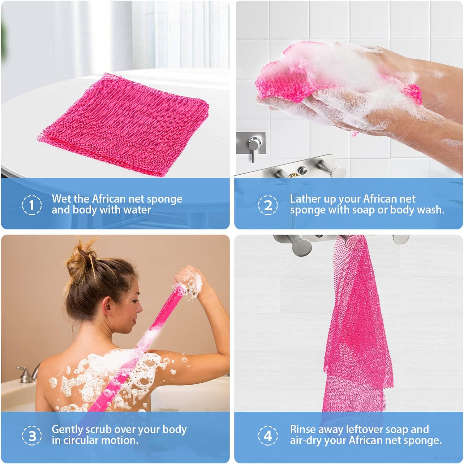 2 Pieces African Net Sponge, African Exfoliating Net Rip-Resistant Loofah Exfoliating, Body Back Scrubber for Shower, Authentic Long Nylon Exfoliating Back Washcloth Towel for All Skin