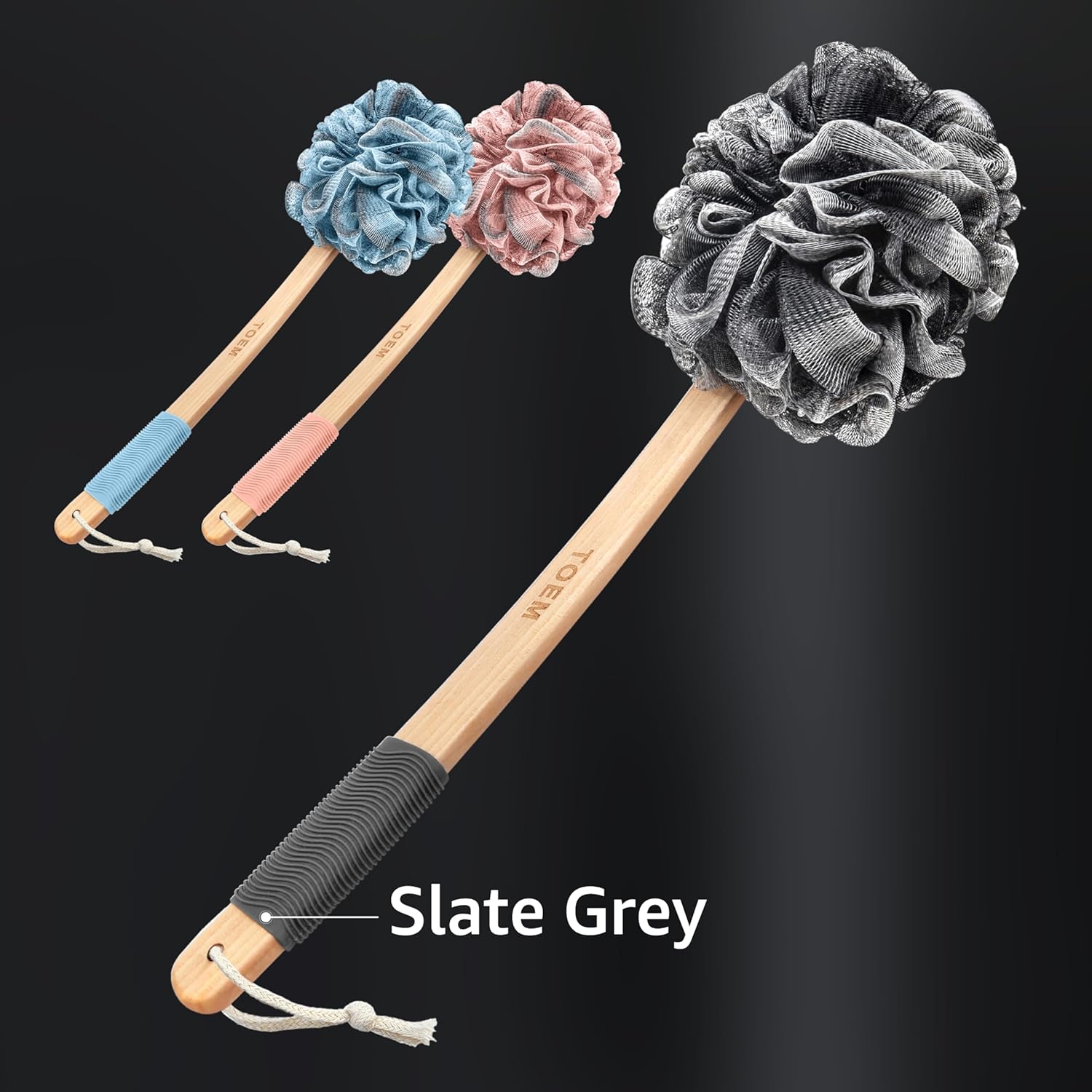 Toem Loofah Back Scrubber for Shower | Bamboo Charcoal Fiber Infused | Loufas for Men & Women | Includes 1 Long Handled Shower Sponge, 1 Bath & Shower Luffa Pouf & 1 Hook to Hang Stuff (Slate Grey)
